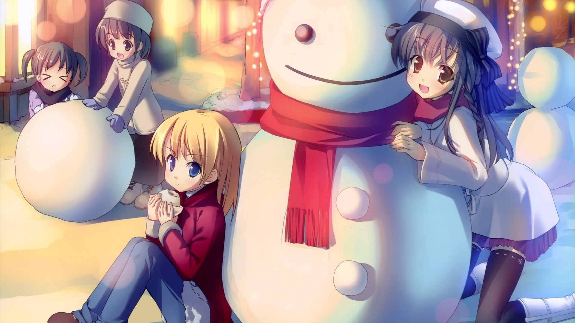 Download Wallpaper 1920x1080 winter, snowman, mood, anime, friends Full HD 1080p HD Background