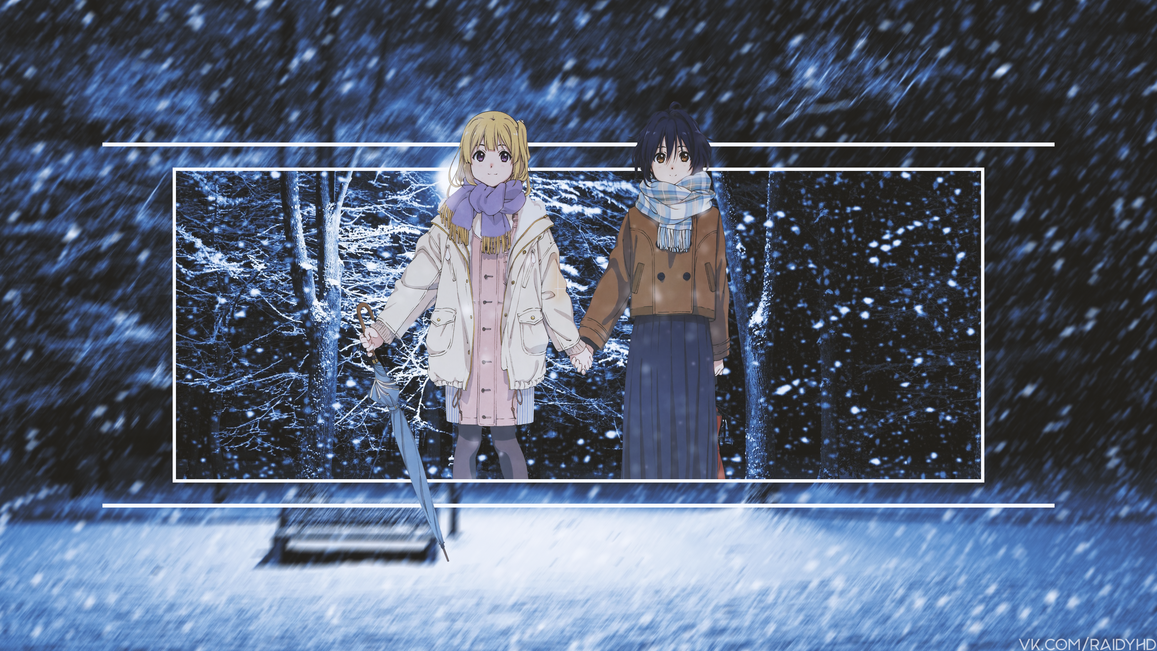 Wallpaper, anime girls, picture in picture, snow 3840x2160