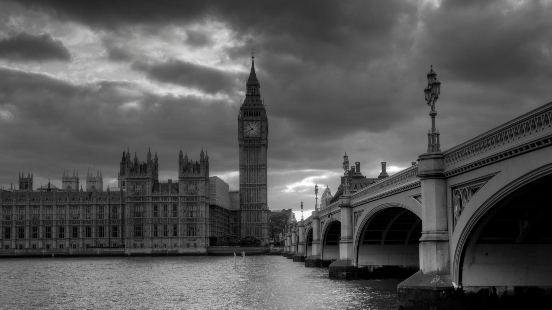 Download Wallpaper 1920x1080 london, bridge, big ben, black white, skyscrapers Full HD 1080p HD Background