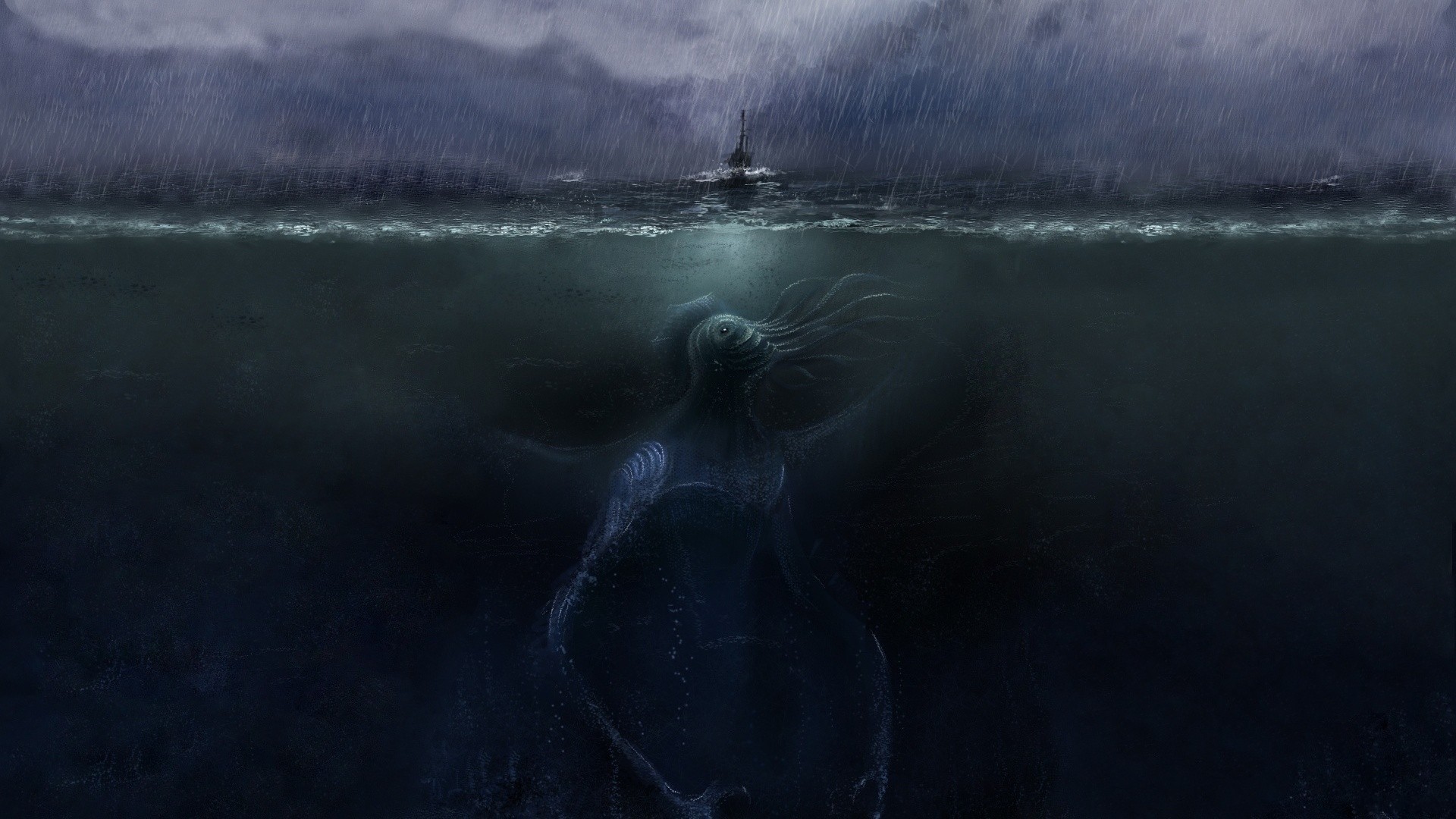 horror, rain, underwater, digital art, sea, creature, Cthulhu, storm, split view, sea monsters, fantasy art Gallery HD Wallpaper
