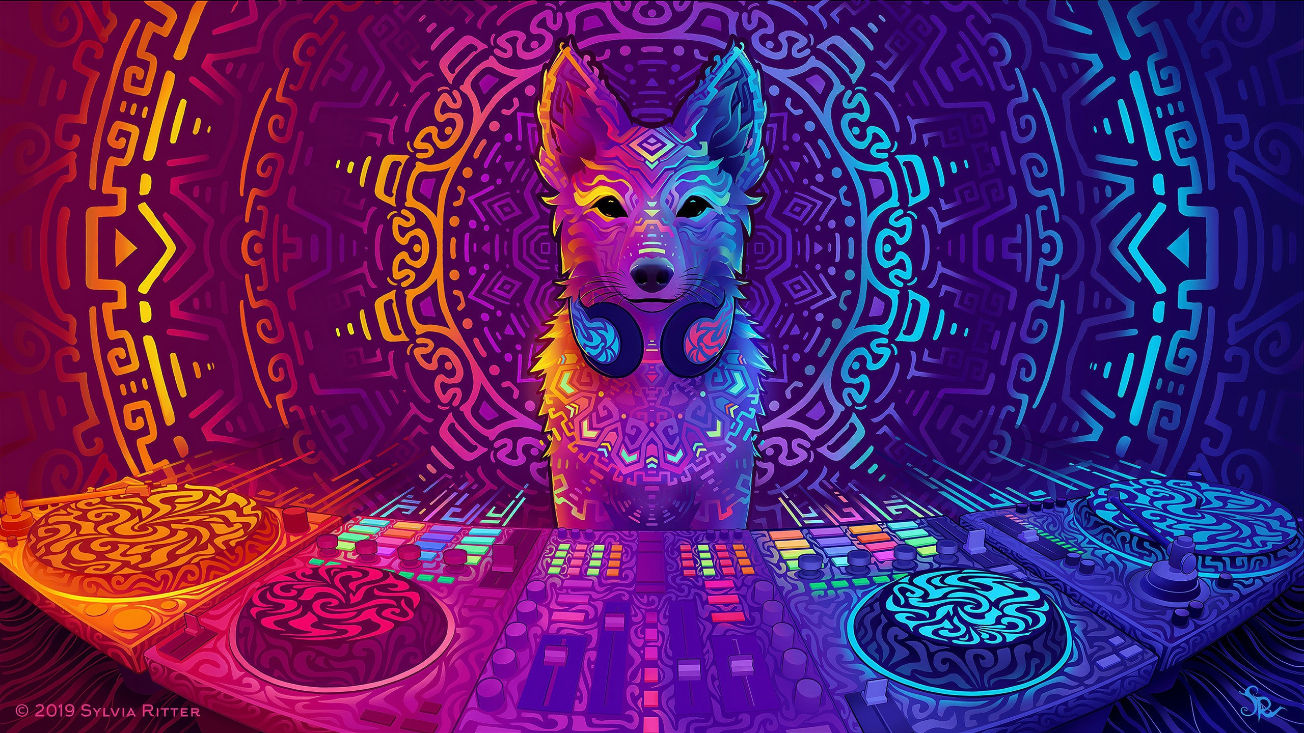 Wallpaper / psychedelic, abstract, colorful, headphones, music player, sound mixers, technology, music, digital art, Ubuntu, disc jockey, turntables, Linux, dingo, DJ, Sylvia Ritter, blue, cyan free download