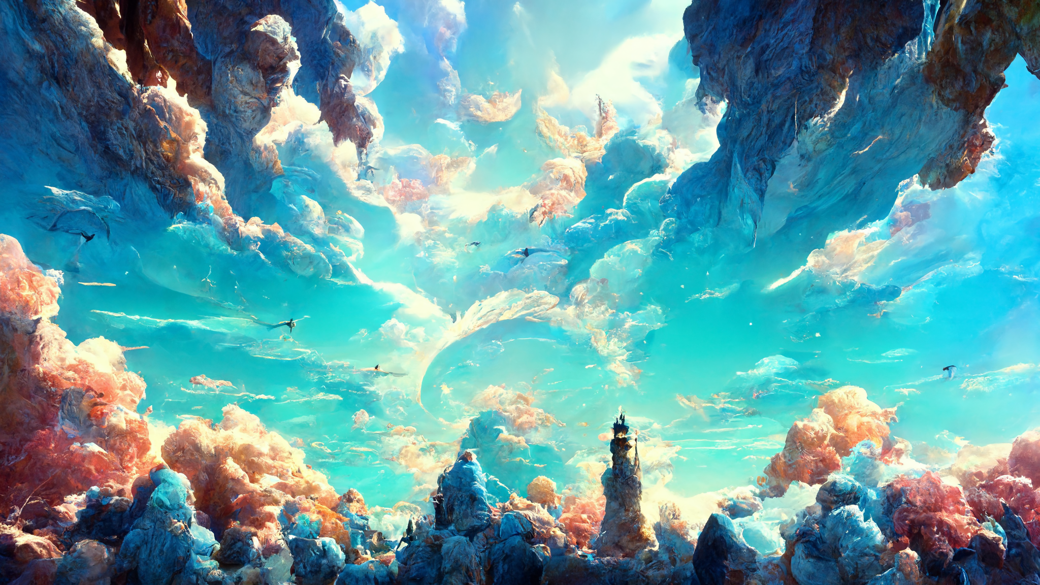 Sky Blue Clouds Fantasy Castle Ai Art Cyan Wallpaper:2048x1152