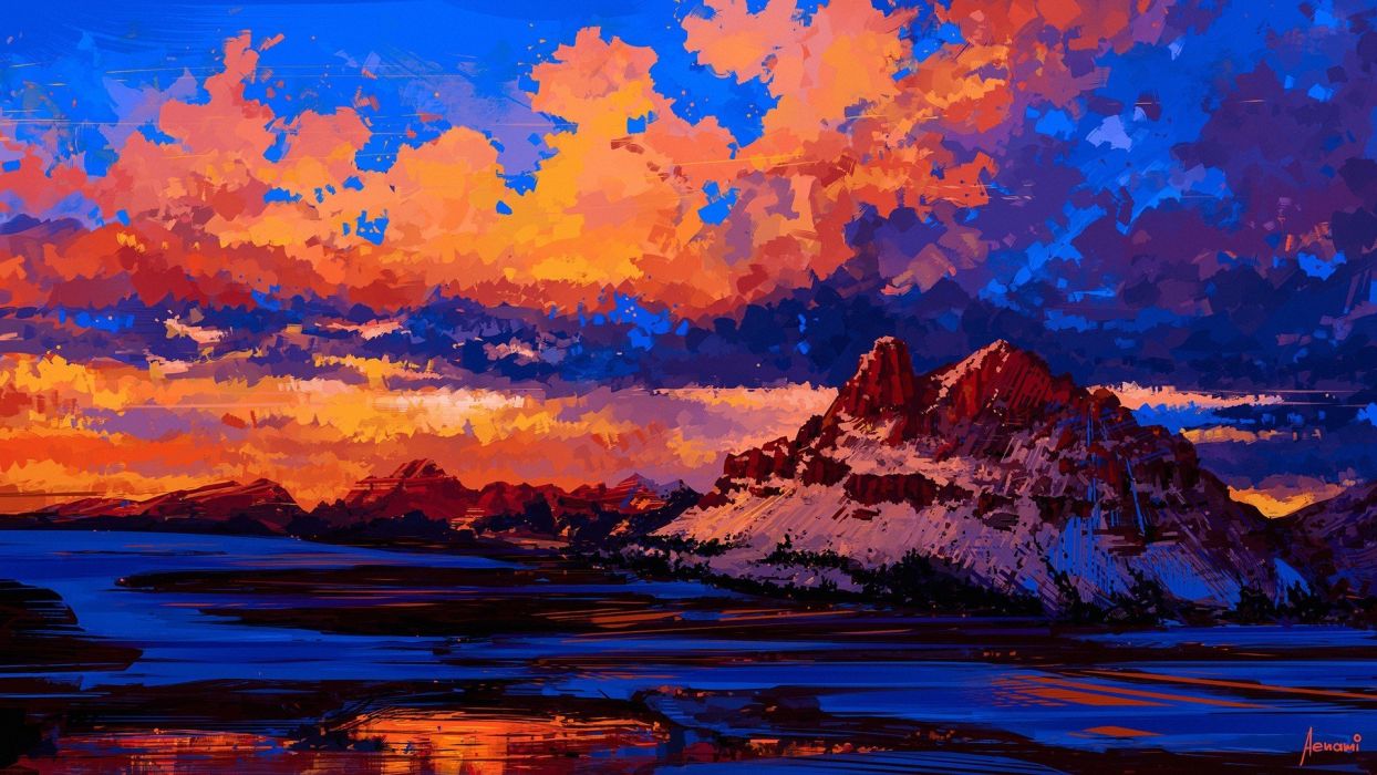Oil painting art landscape cloud mountain original wallpaperx1080