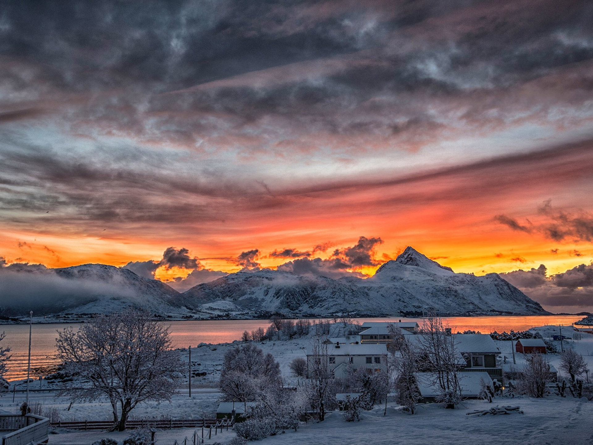 Northern Norway Winter Snow Mountains With Rural Houses And Red Sky Sunset Dark Black Desktop Wallpaper HD, Wallpaper13.com