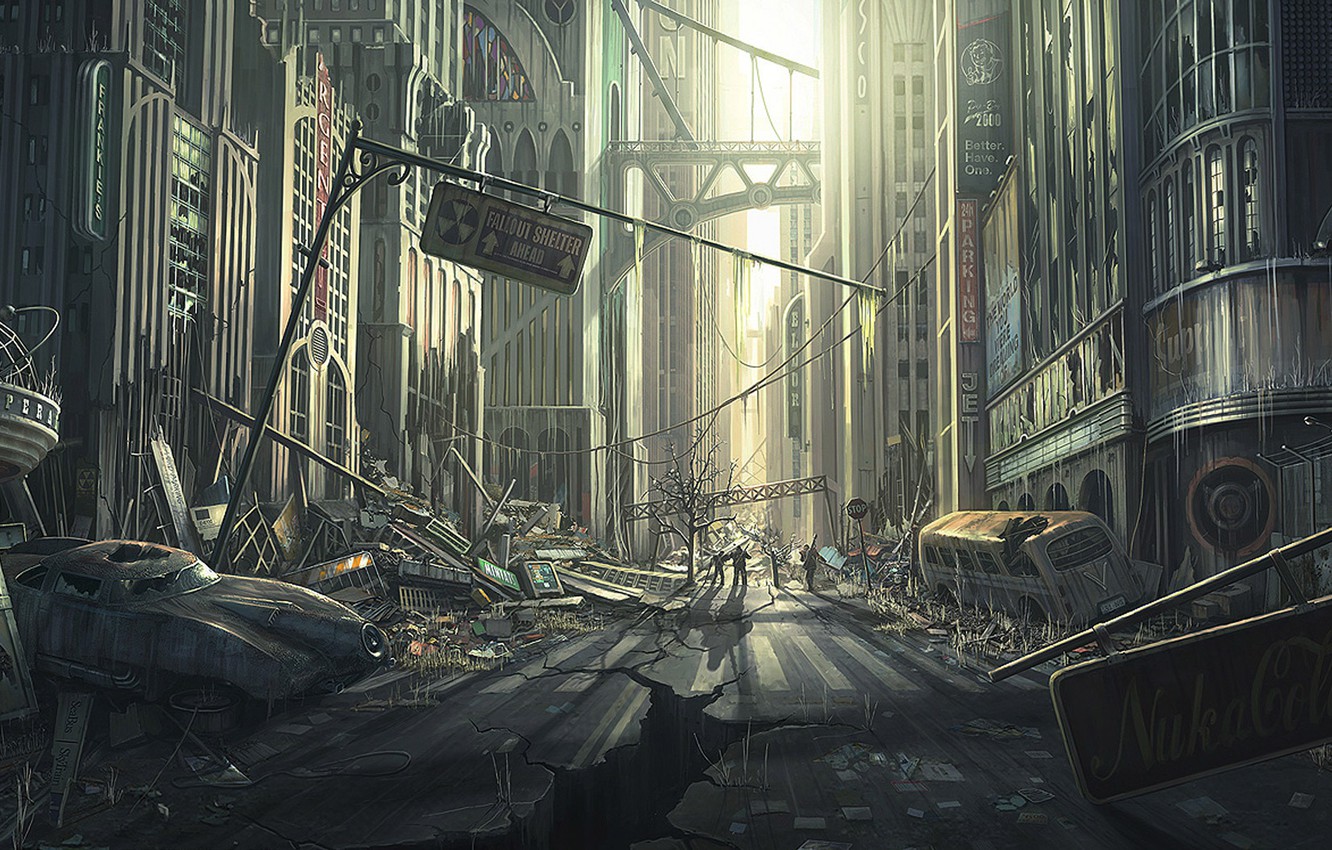 Wallpaper road, the city, street, art, ruins, fallout, car image for desktop, section фантастика