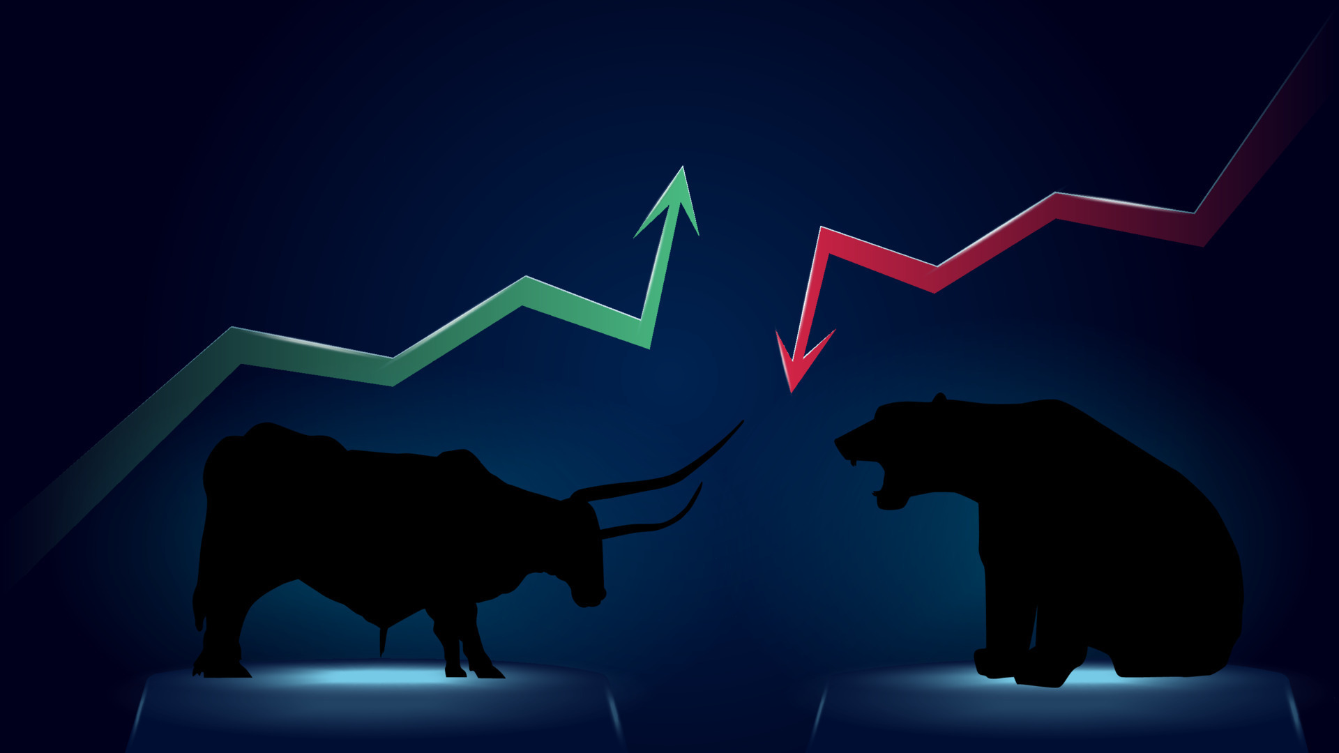 Bullish trend versus bearish trend with green up and red down arrows on dark blue background. Bull and bear on pedestals opposite each other. Vector illustration
