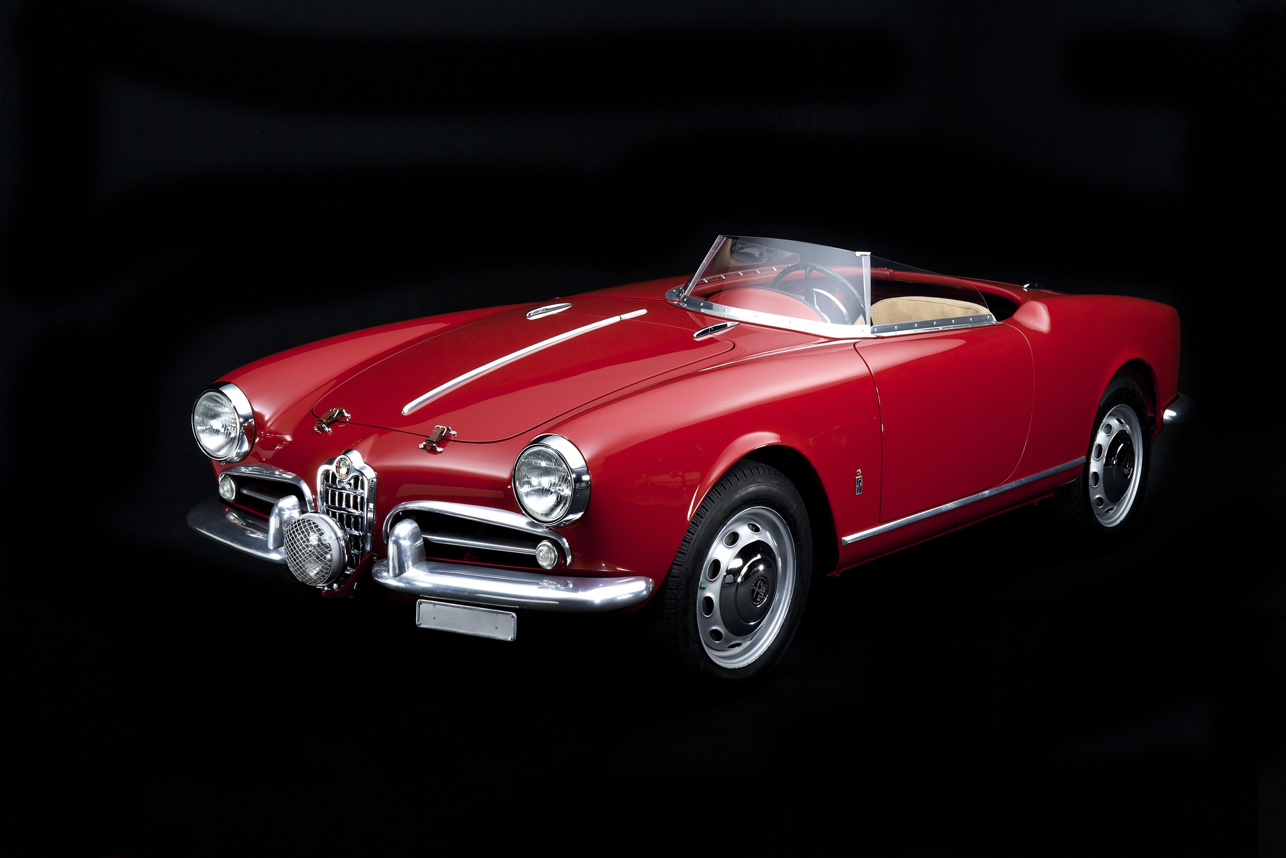 4K, 1956 57 Giulietta Spider Veloce Competizione, Alfa Romeo, Retro, Wine Color, Cabriolet, Black Background Gallery HD Wallpaper