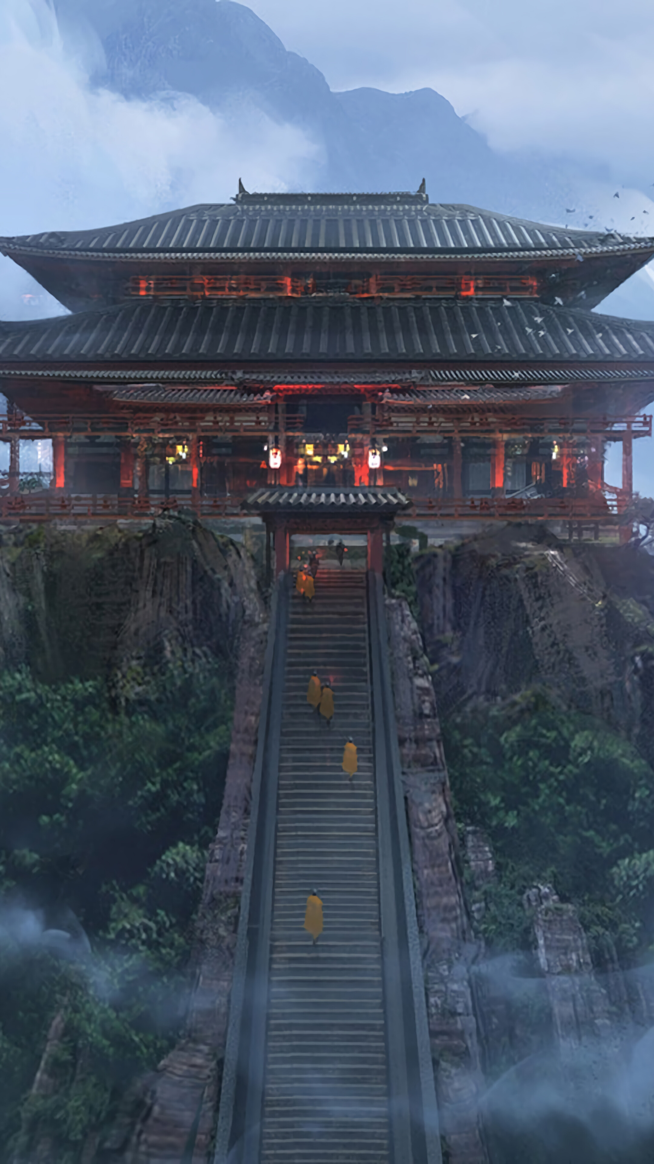 Japanese, Temple, Mountains, Fantasy, Art, 4k Gallery HD Wallpaper