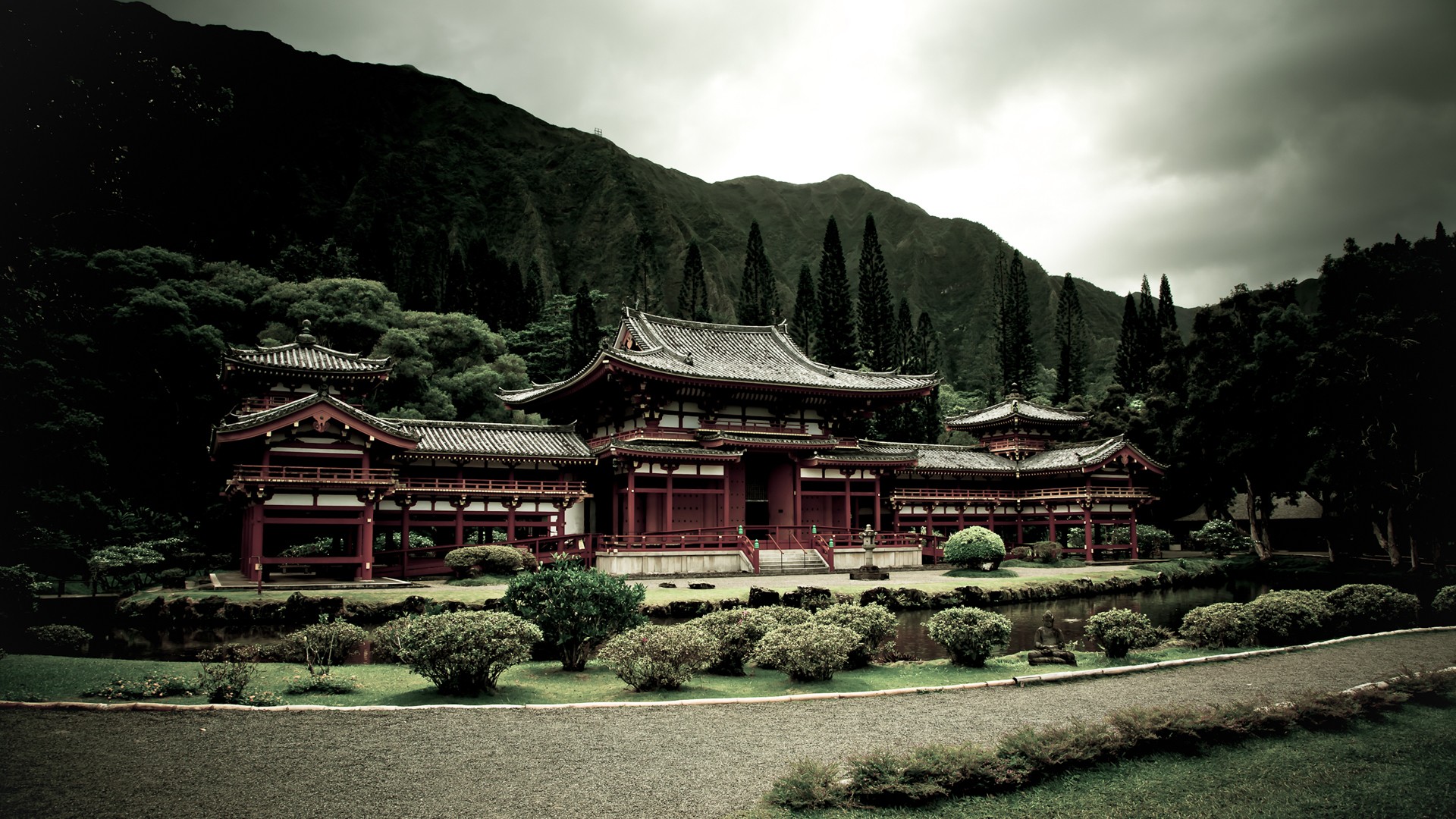 Nature, Monastery, Trees, Mountains, Forest, Architecture, Clouds, Garden, Zen, Japanese, Asian Architecture, Japan, The Byodo In Temple, Lake, Landscape, Asia, Filter, Temple, Building, Path, Plants Gallery HD Wallpaper