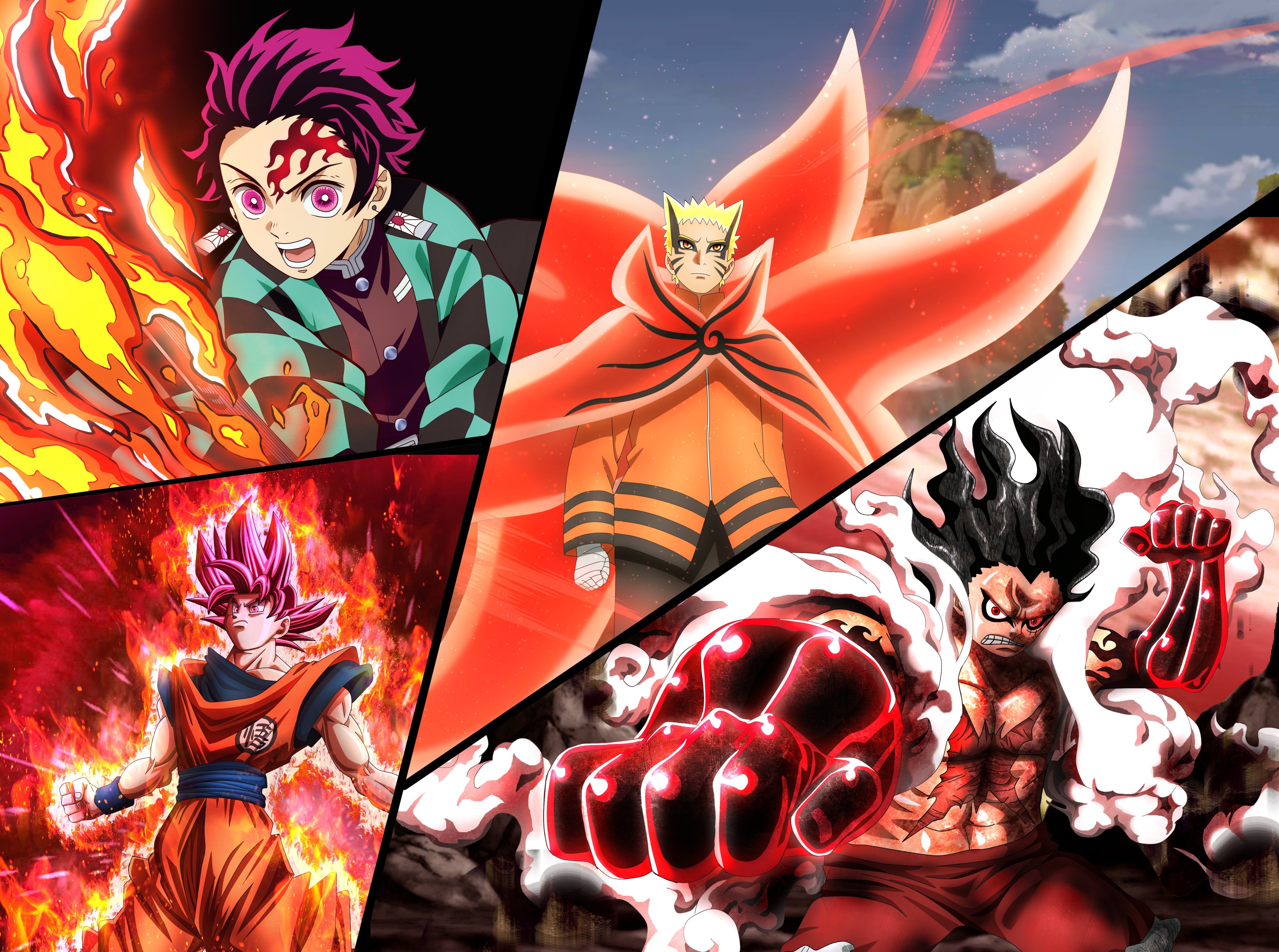 Crossover 4K, Monkey D. Luffy, Tanjiro Kamado, Baryon Mode (Naruto), Hinokami Kagura, Naruto Uzumaki, Goku Gallery HD Wallpaper