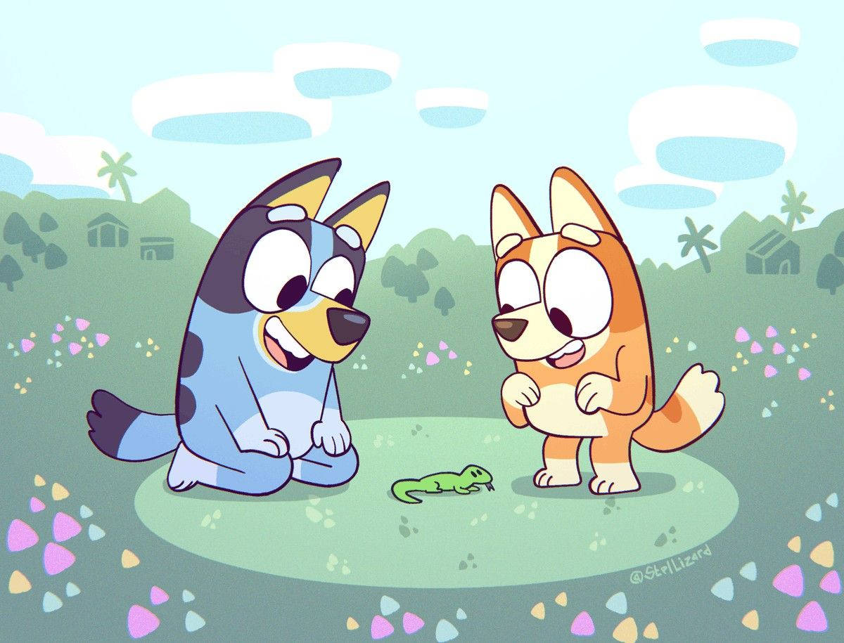 Download Bluey And Bingo Looking At Lizard Wallpaper