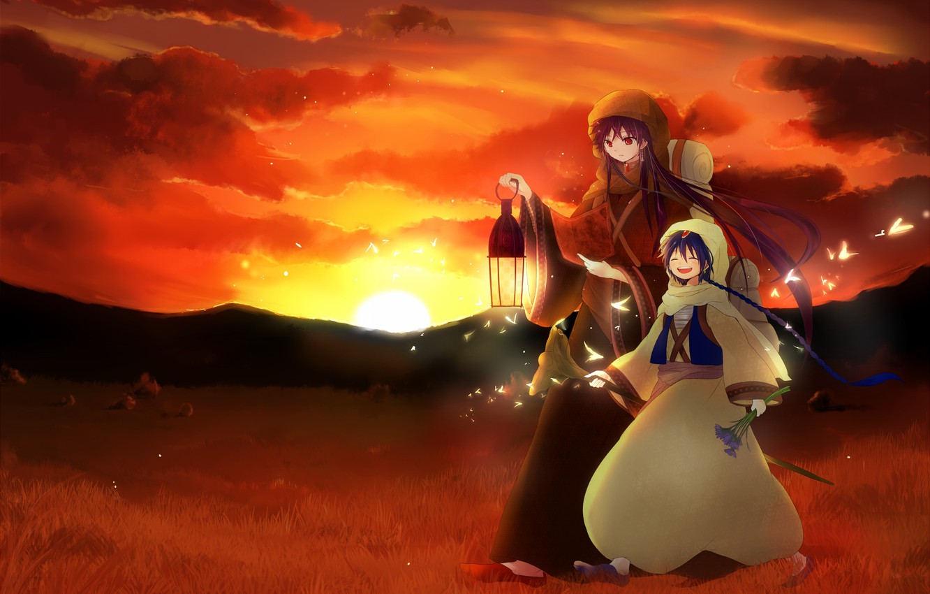 Wallpaper sunset, lamp, guys, Sinbad, Aladdin magi, Magi: the labyrinth of magic, butterfly Rukh image for desktop, section прочее