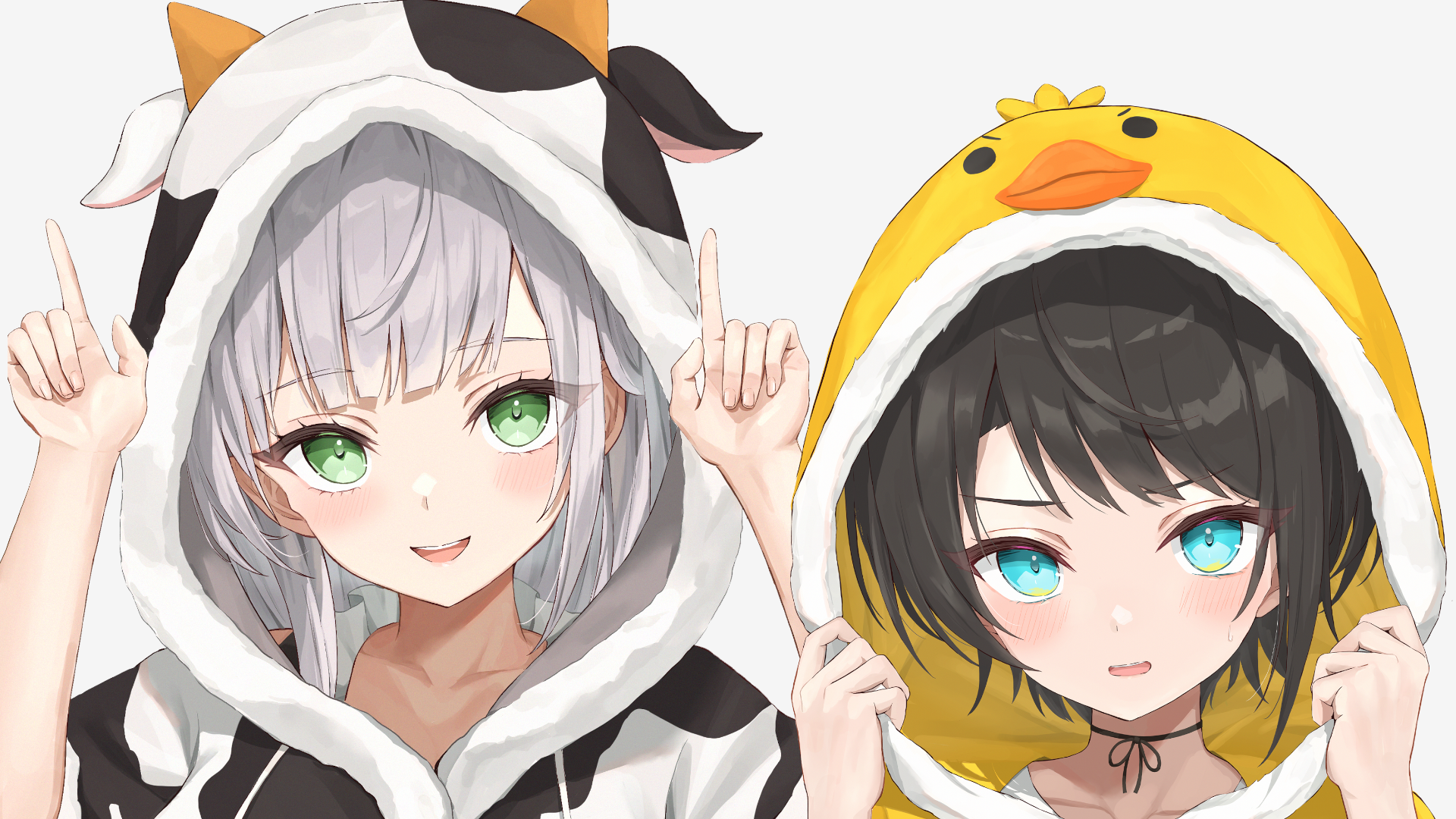 Anime Anime Girls Digital Art Artwork 2D Looking At Viewer Cow Girl Green Eyes Blue Eyes Silver Hair Wallpaper:1920x1080