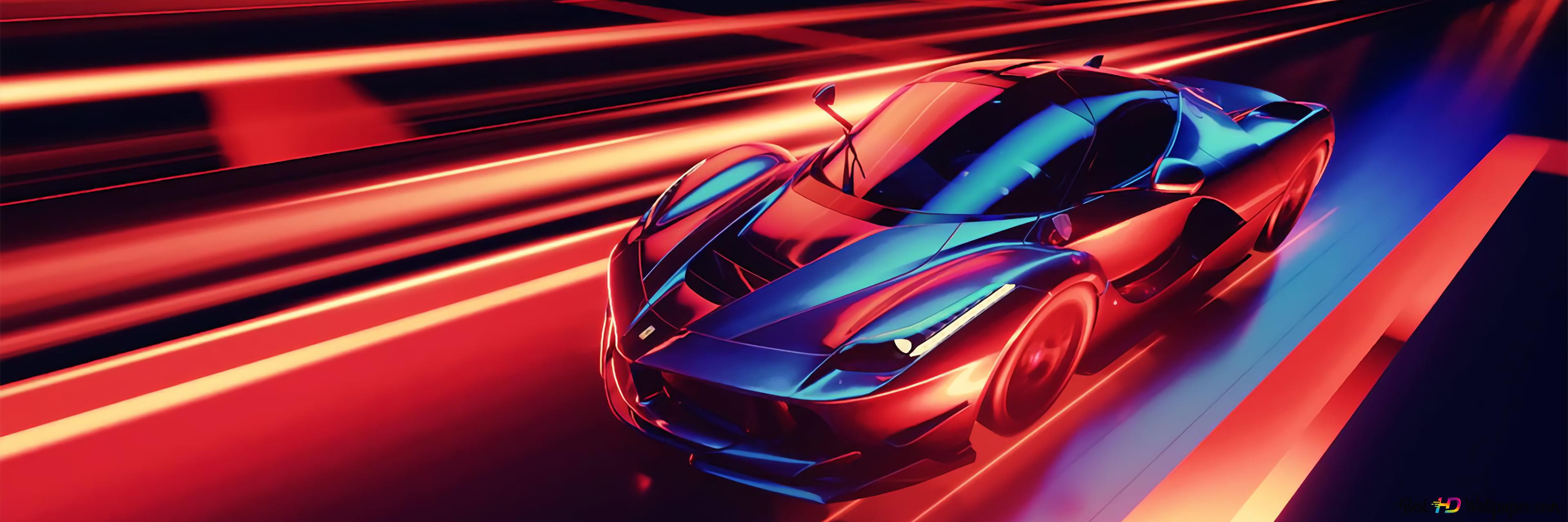 The striking design of Ferrari in neon lights in a colorful environment 4K wallpaper download