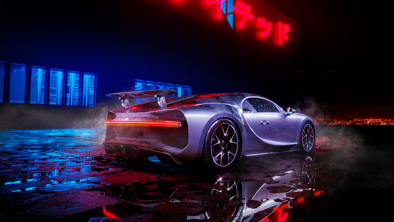 Bugatti Chiron neon lights luxury car wallpaper background
