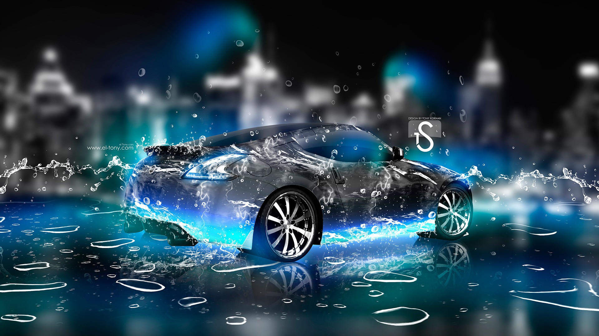 car, Water drops, City, Nissan, Blue, Neon, Water Wallpaper HD / Desktop and Mobile Background