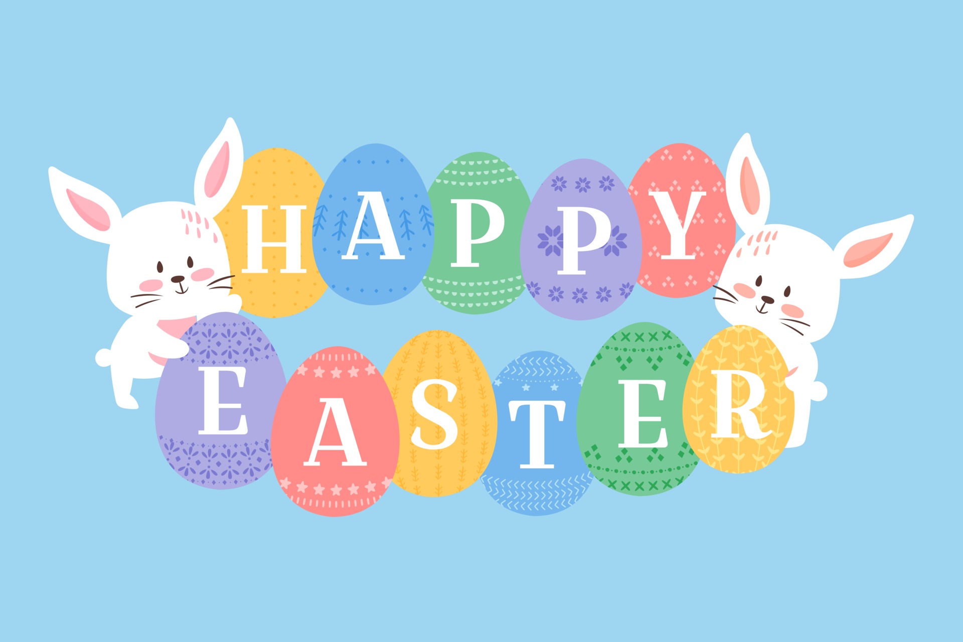 Easter background vector illustration, cute flat cartoon style. Baby rabbits with decorated eggs. Bunny holding ornated eggs with Happy Easter heading. White kitten muzzles and eggs