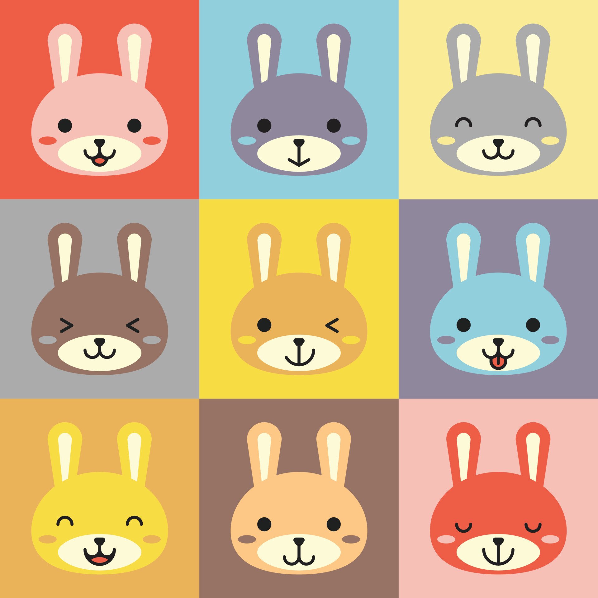 Set of various avatars of bunny facial expressions. Adorable cute baby animal head vector illustration. Simple design of happy smiling animal cartoon face emoticon. Graphics and colorful background. Vector Art