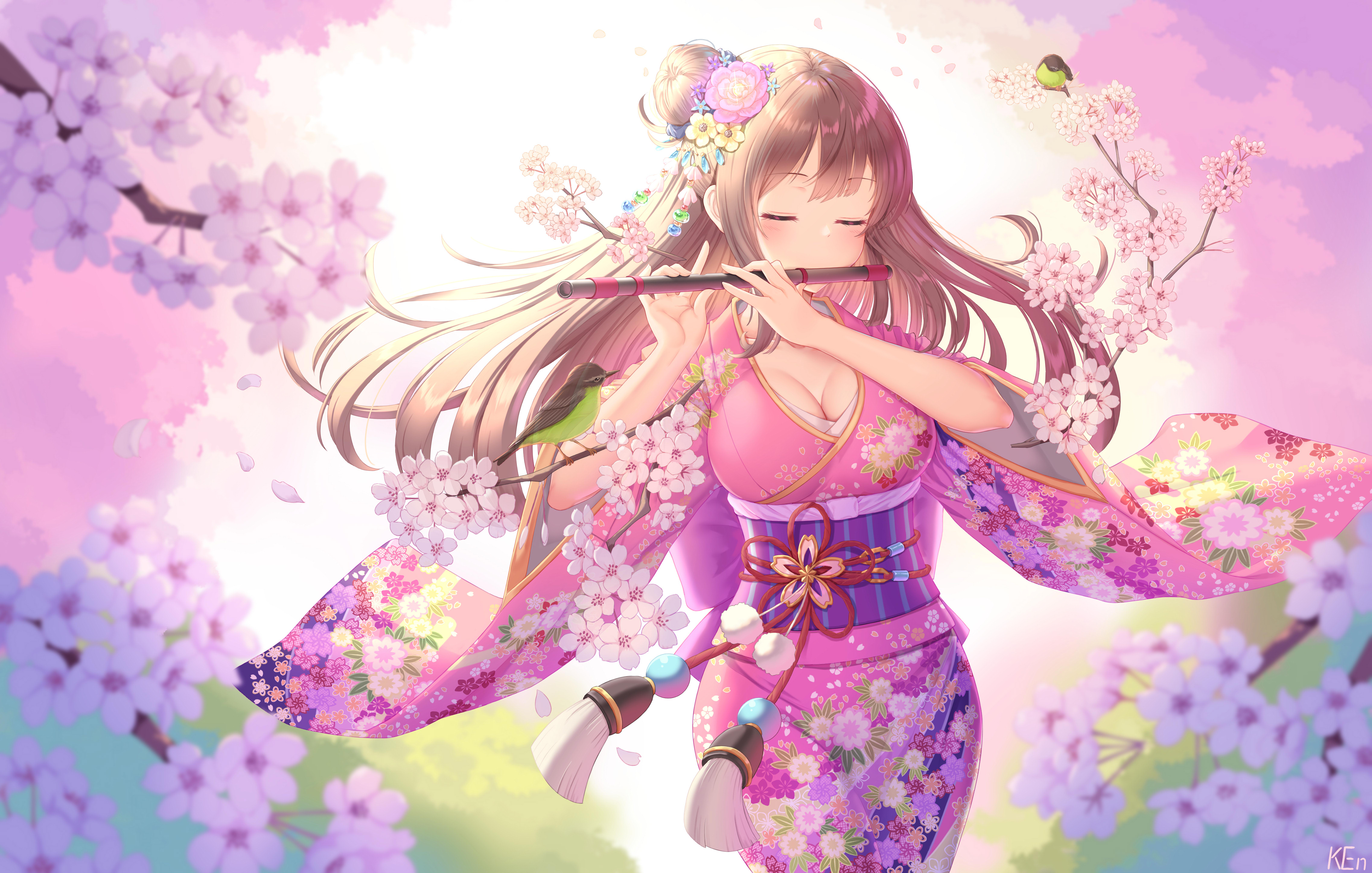 Girl 4K, Spring, Flower, Brown Hair, Flute, Blossom, Kimono, Long Hair Gallery HD Wallpaper