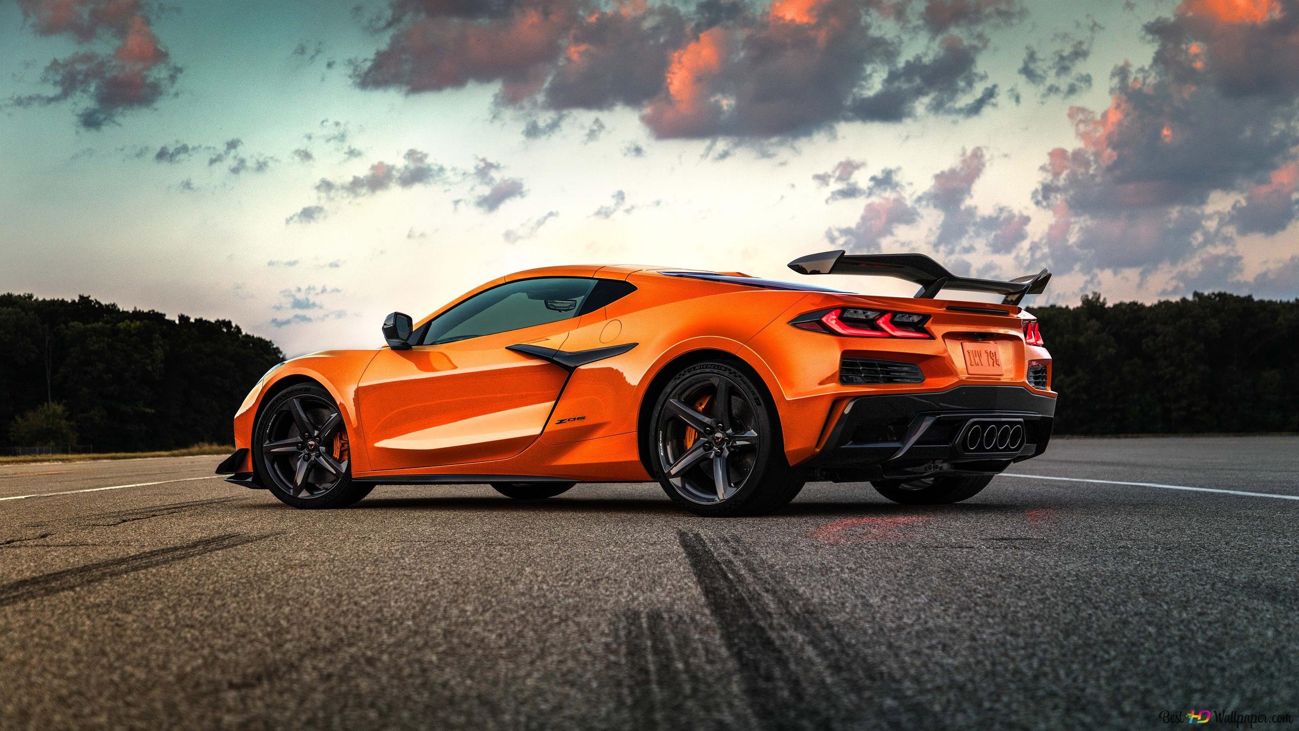 Chevrolet Corvette Z06 2023 orange back and side view sunset 4K wallpaper download