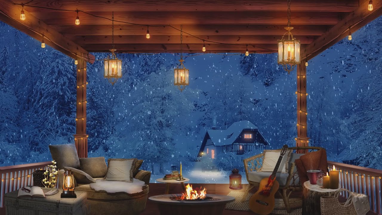 Winter Cozy Porch Ambience with Relaxing Bonfire and Snow Falling Sounds