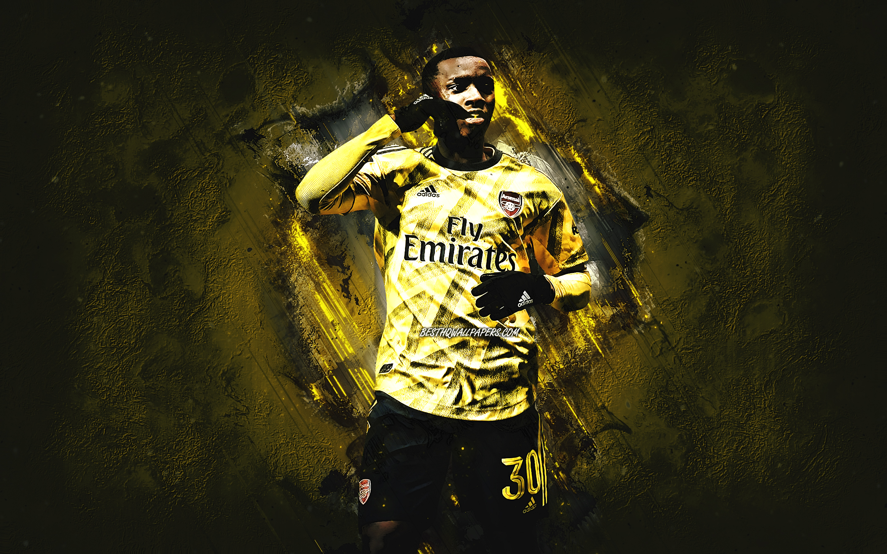 Download wallpaper Eddie Nketiah, English football player, Arsenal FC, portrait, yellow stone background, Premier League, football, England for desktop with resolution 2880x1800. High Quality HD picture wallpaper