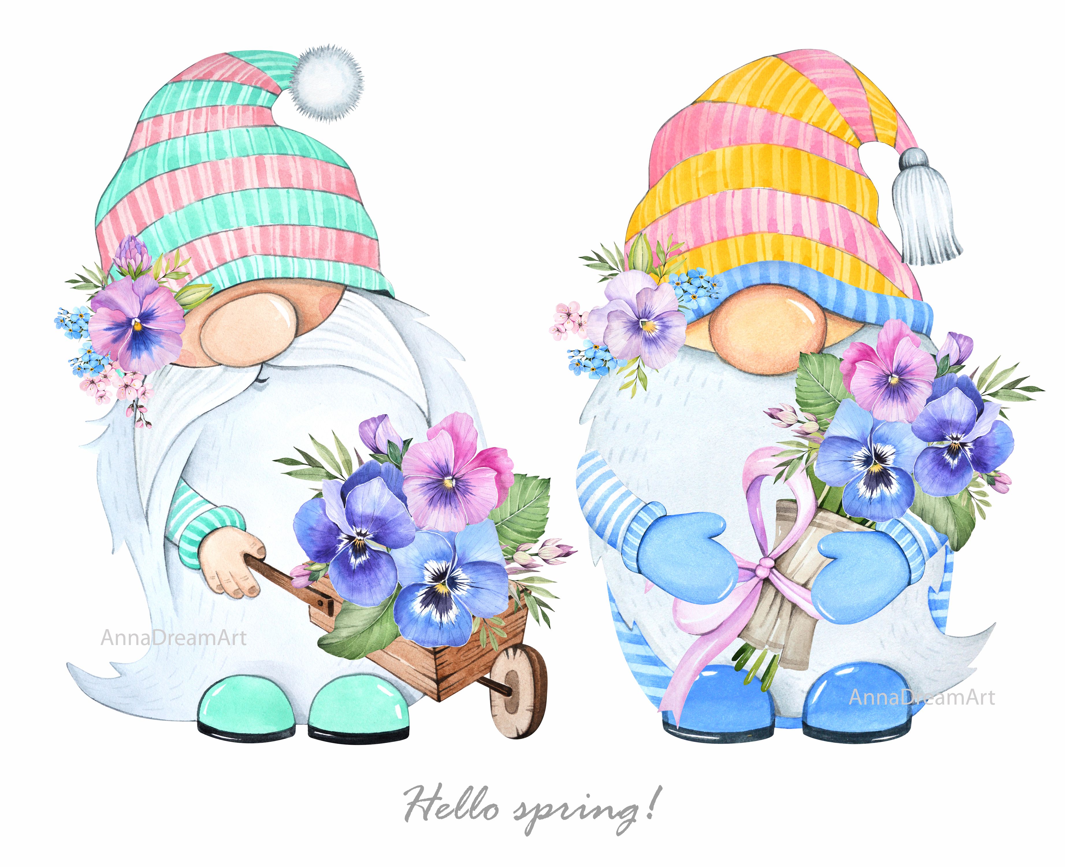 Cute spring gnomes on a white background. Pansy flowers. Watercolor illustration. Иллюстрации, Детские рисунки, Рождественские иллюстрации