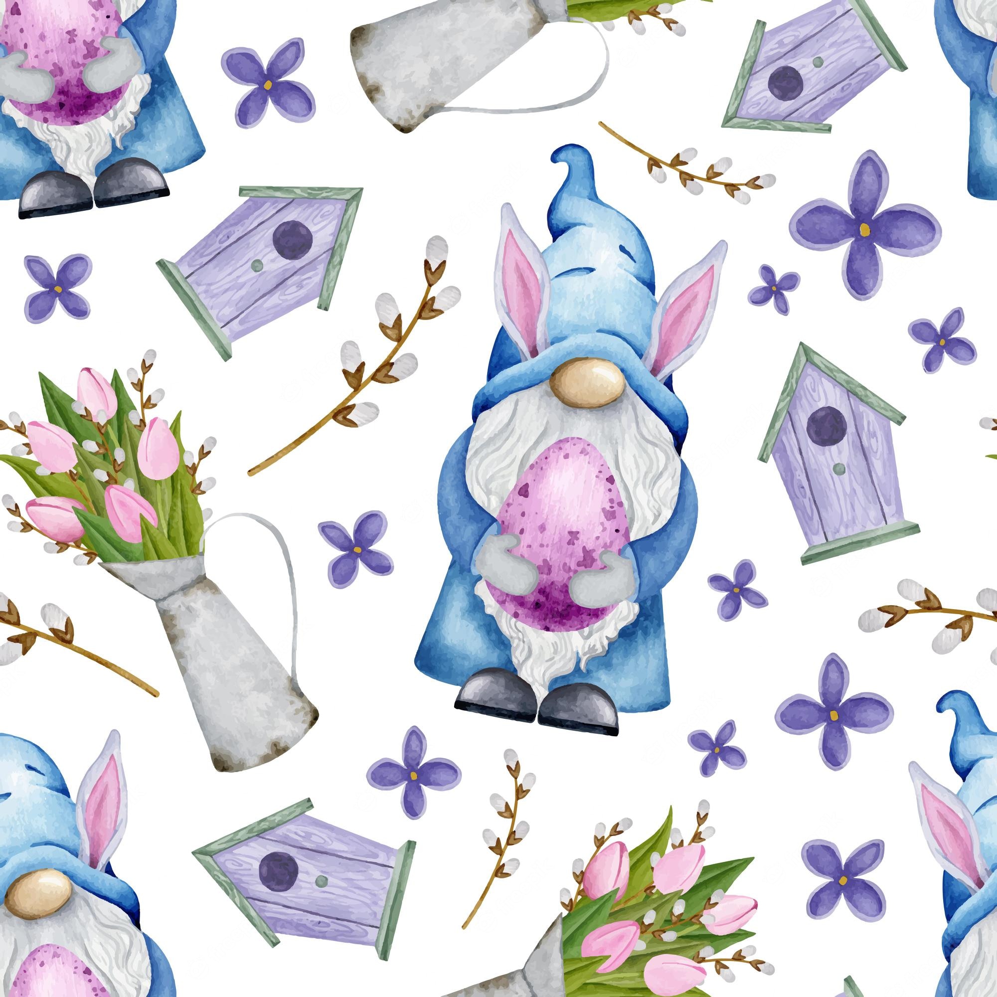 Premium Vector. Easter gnome and tulips bouquet spring watercolor seamless pattern. cute texture for wrapping paper, fabric, scrapbooking, wallpaper