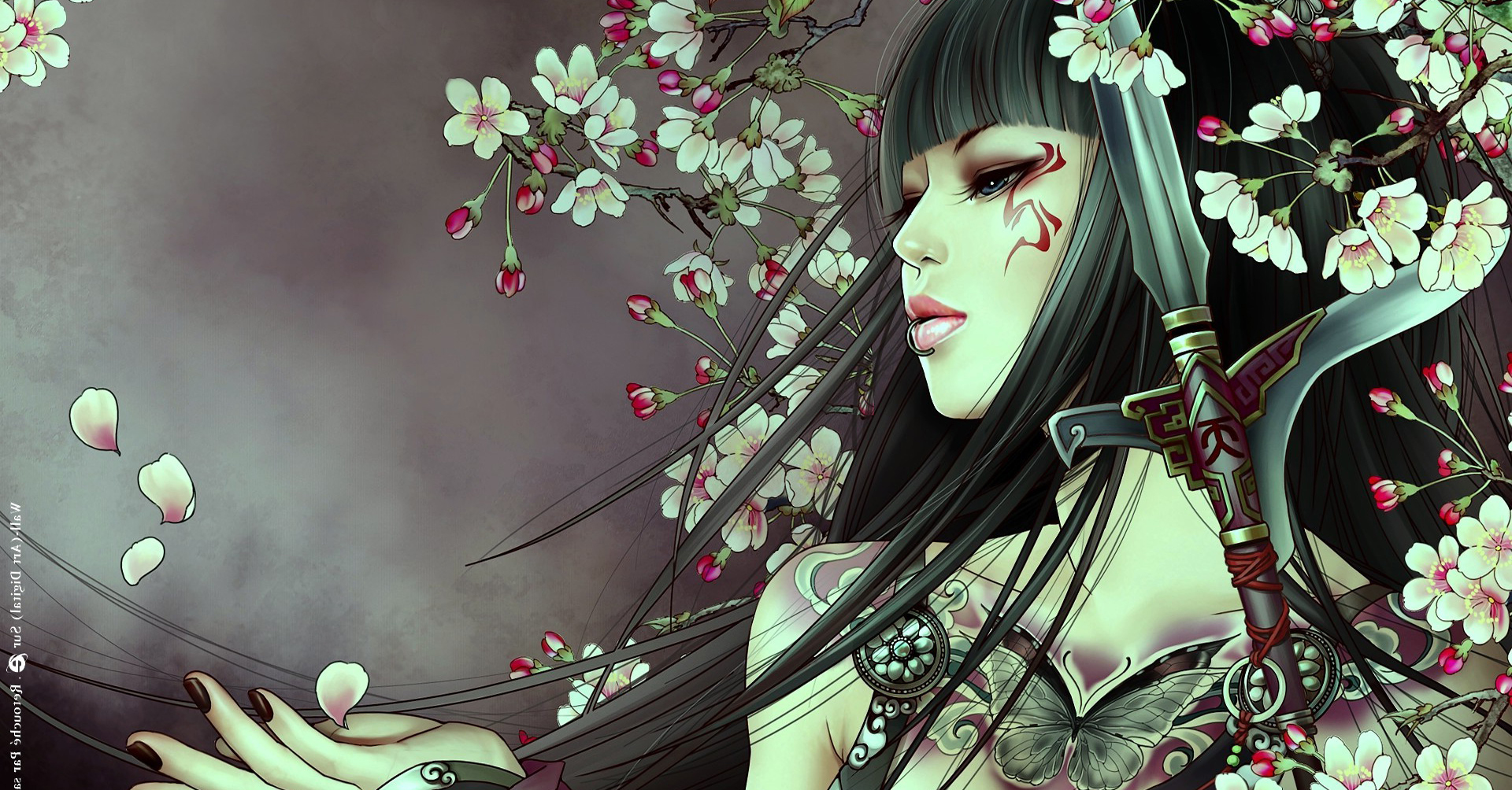 Wallpaper, illustration, branch, green, black hair, blossom, spring, geisha, ART, tree, flower, girl, beauty, flora, paintings, petal, computer wallpaper, flowering plant, floral design, 1920x1004 px, desktop image, Abstract Blue Vector Wallpaper