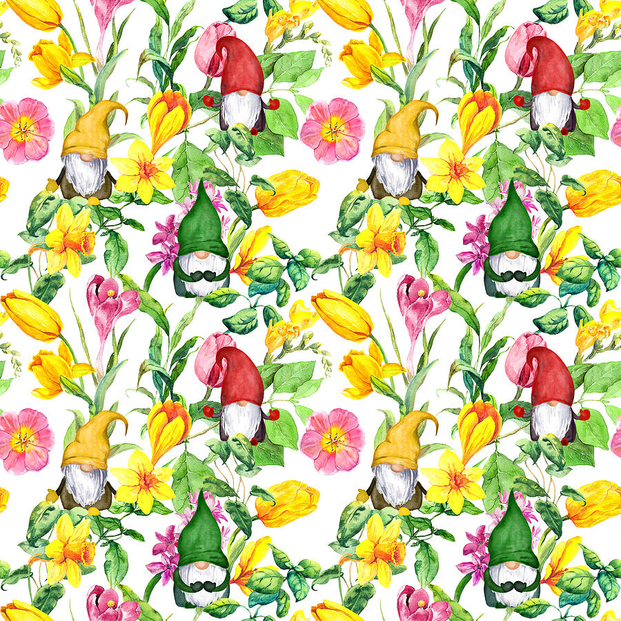 Scandinavian gnomes in spring flowers, green grass. Seamless pattern, floral background. Watercolor in bright hues Drawing
