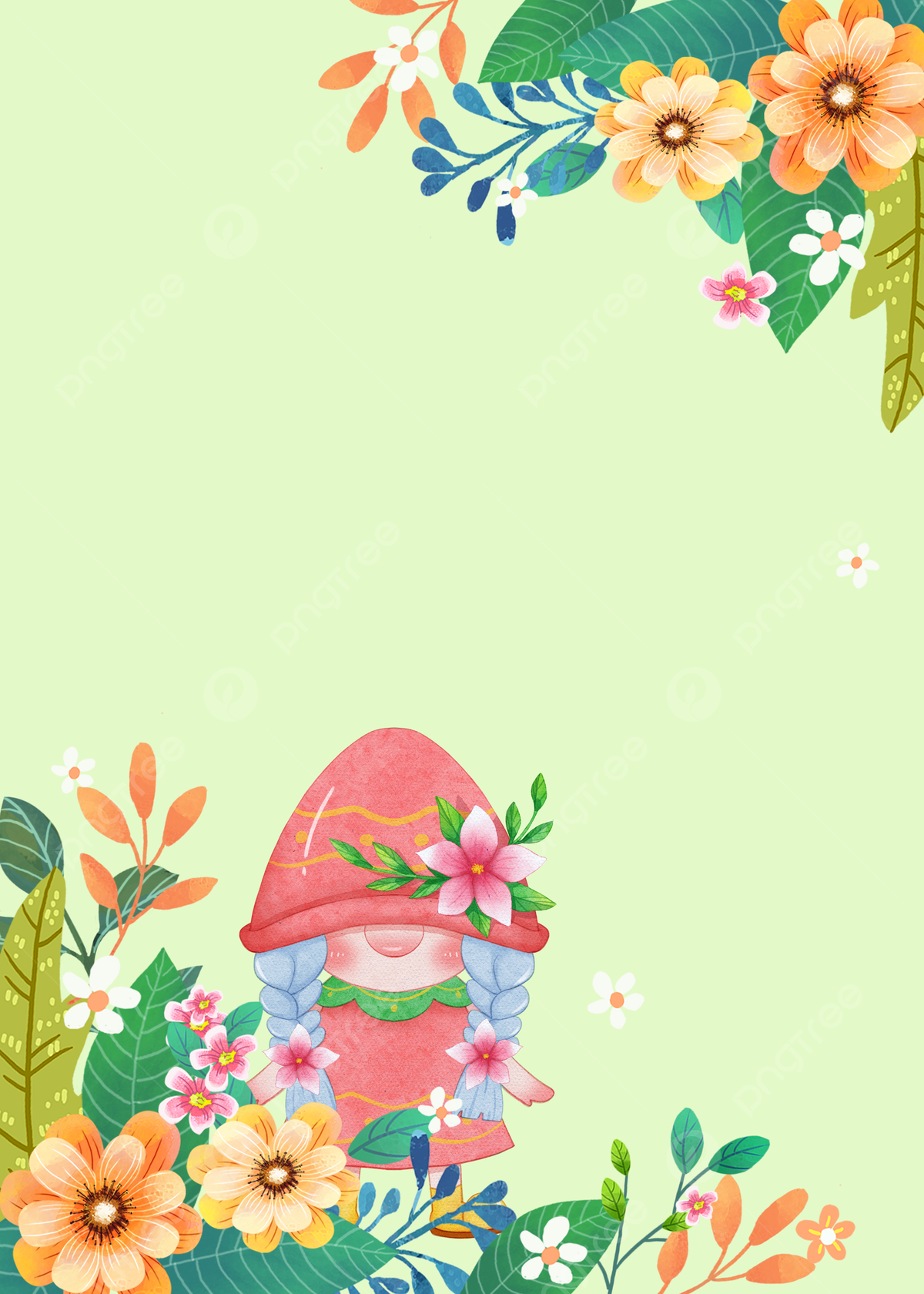 Spring Gnomes Green Floral Flowers Background, Gnome, Flowers, Dwarf Watercolor Background Image for Free Download