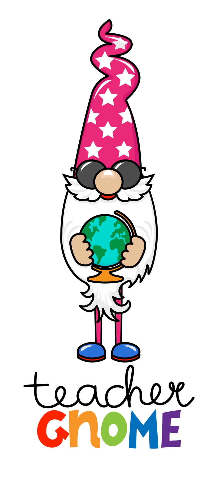 Teacher gnome gnome with globe. Cute troll character. Hand drawn doodle for kids. Good for school sets, wallpaper, wrapping paper, clothes. Back to school