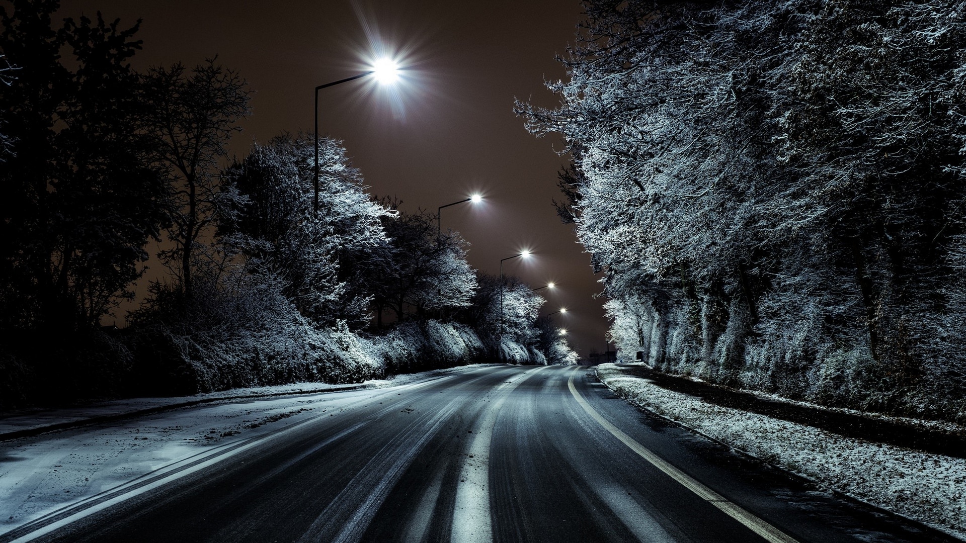 Wallpaper / dark, night, lights, road, winter, trees free download