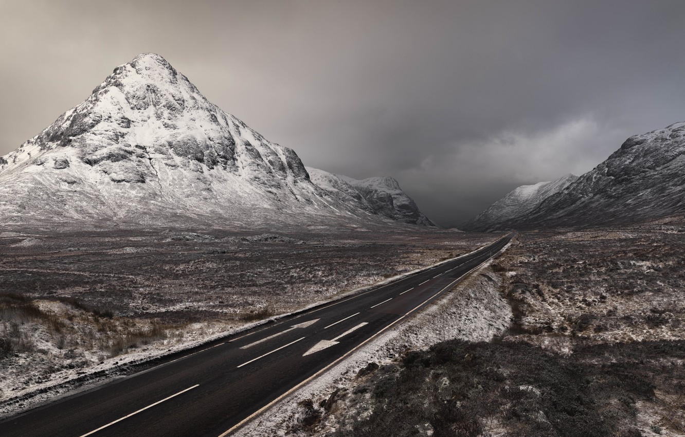 Wallpaper Winter, Scotland, Mountains, Road, Two way ticket image for desktop, section пейзажи