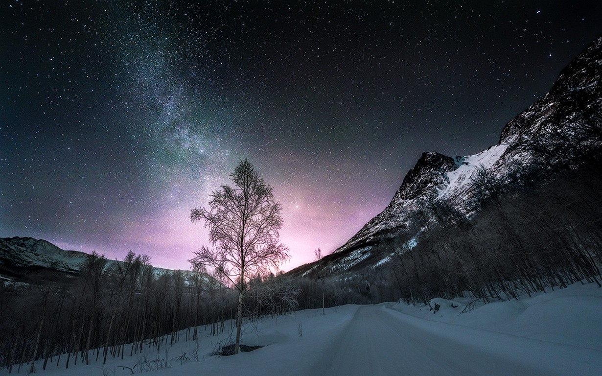 Wallpaper, landscape, forest, mountains, nature, snow, winter, road, long exposure, Norway, starry night, atmosphere, Aurora, Freezing, weather, star, geological phenomenon 1230x768