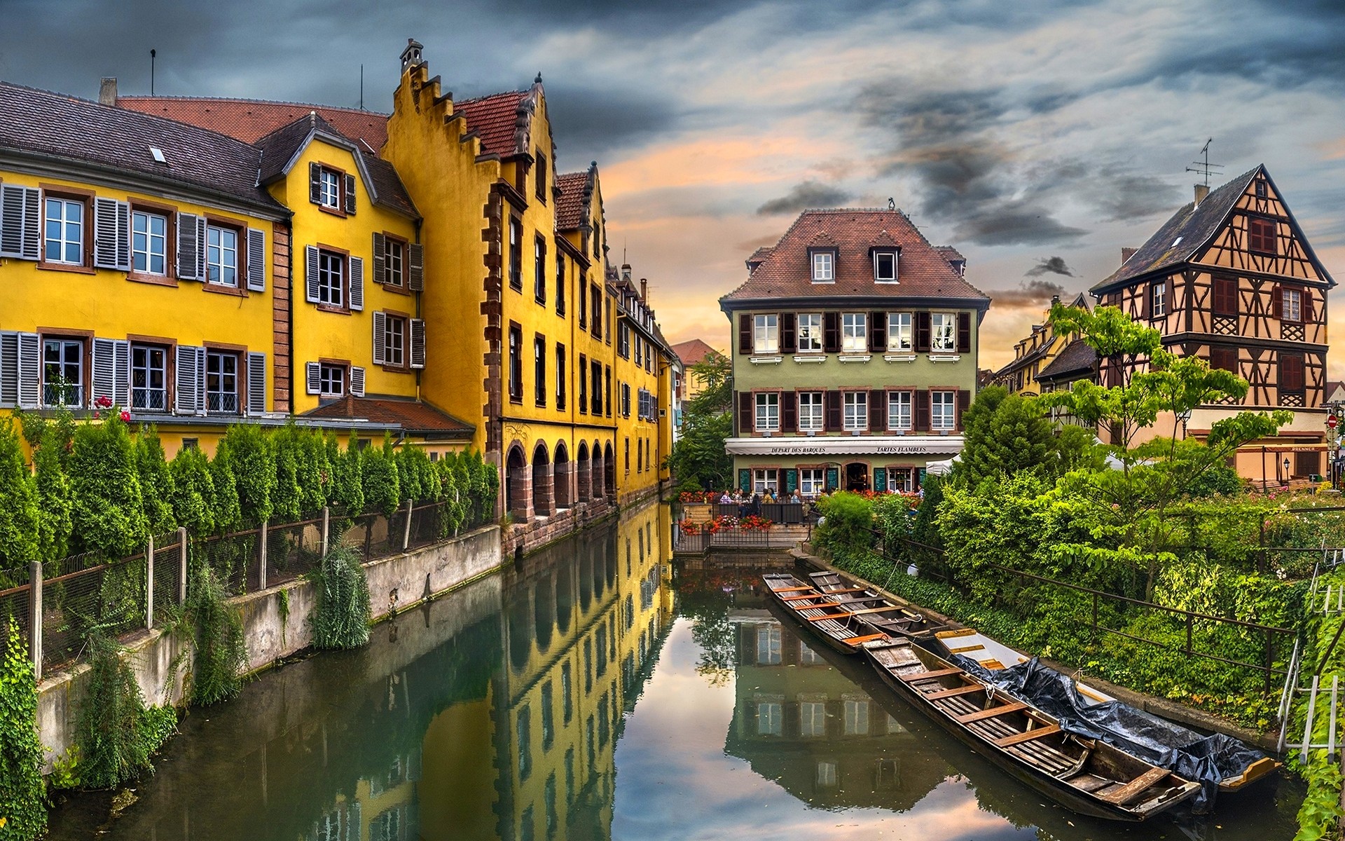 landscape, architecture, Europe, city, water, old building, trees, France, reflection, Colmar, building, canal, boat Gallery HD Wallpaper