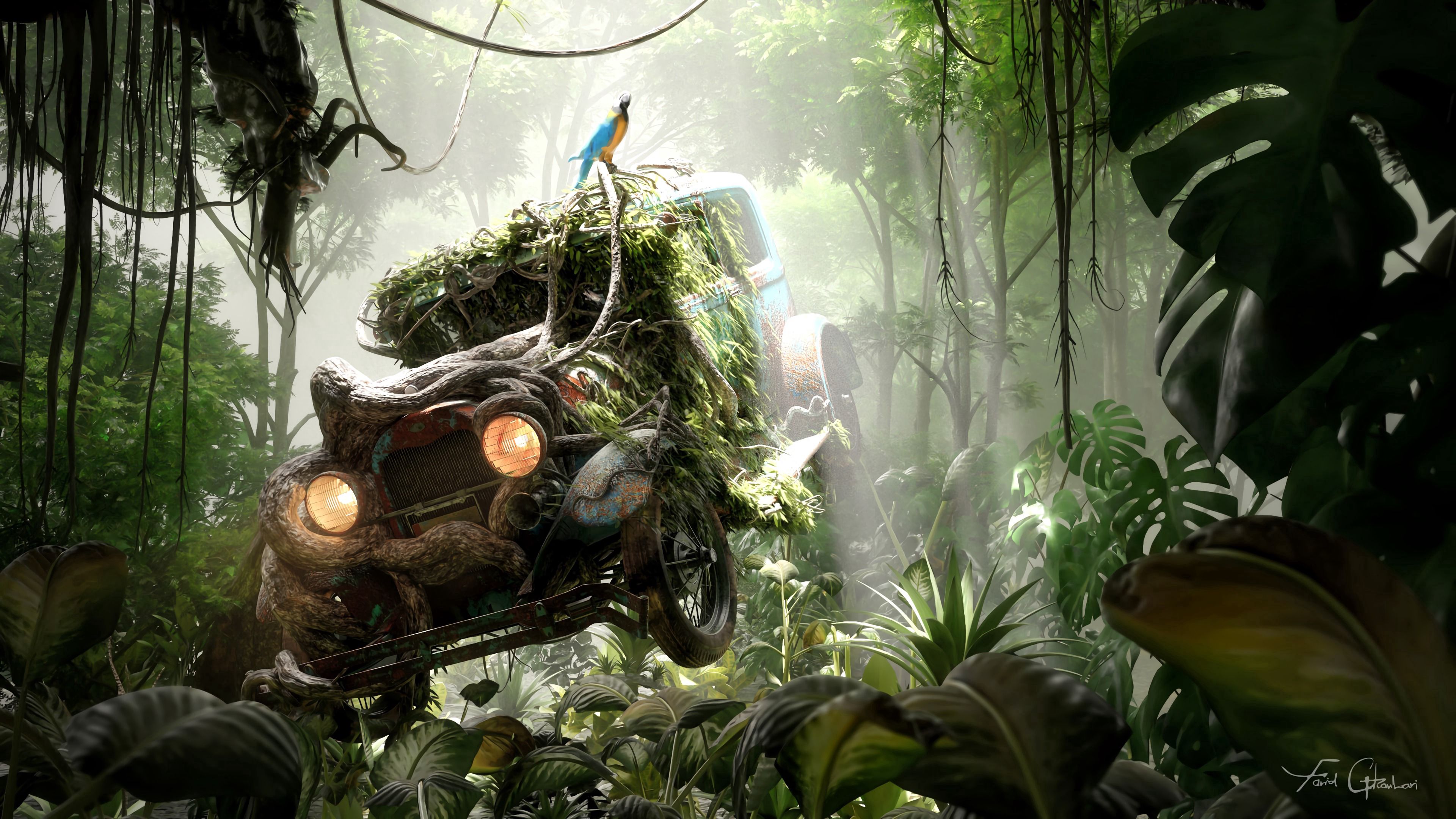 Wallpaper / car, jungle, parrot, old, abandoned, 4k free download