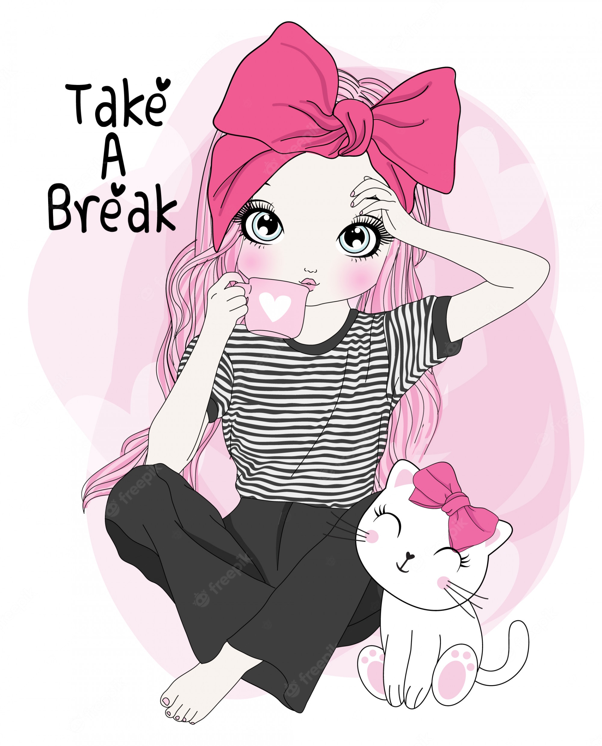 Premium Vector. Hand drawn cute girl with kitty