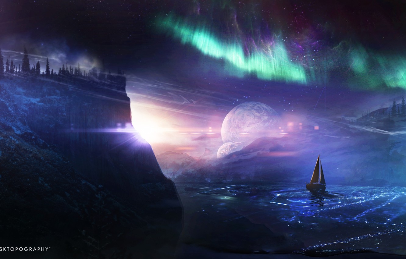 Wallpaper water, ship, planet, glow, Northern lights, desktopography, dreamworld image for desktop, section фантастика