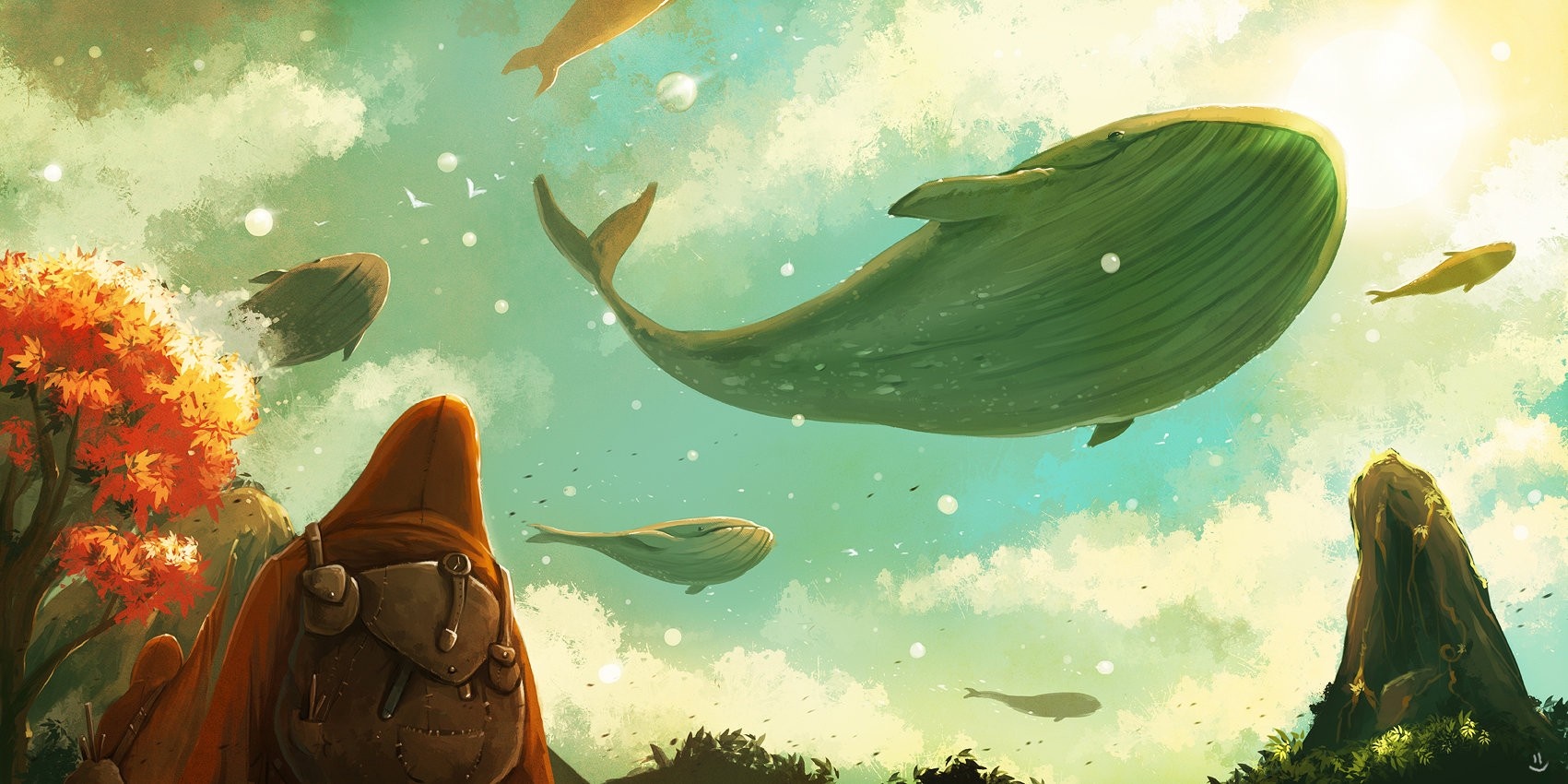 illustration, fantasy art, underwater, whale, jungle, soft shading, Dreamworld, ART, flower, screenshot, computer Gallery HD Wallpaper