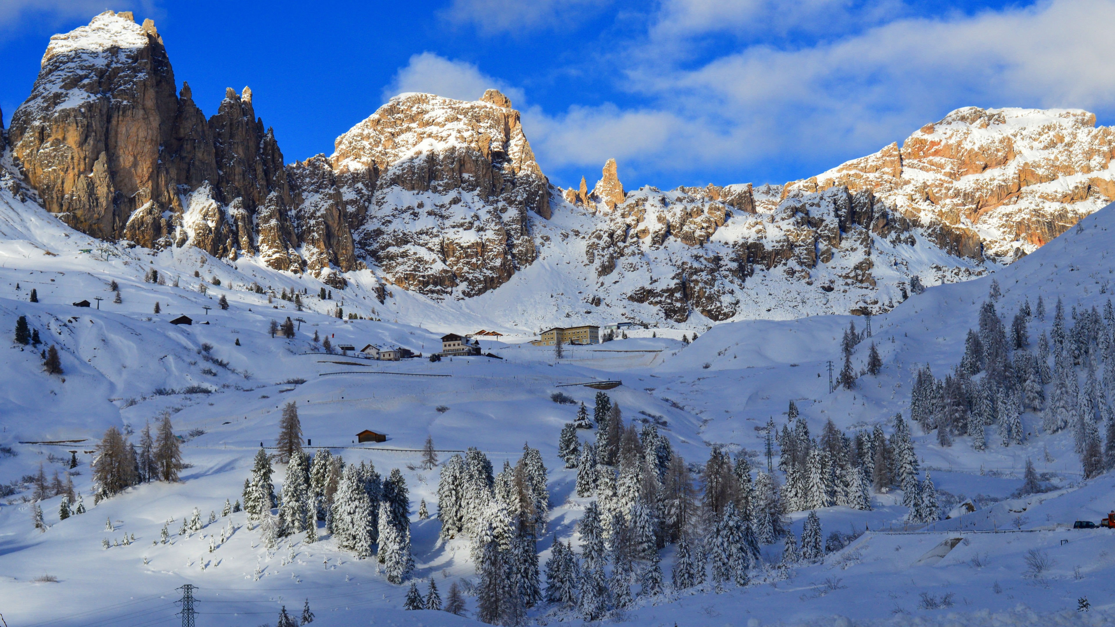 Wallpaper / Dolomites, Alps, mountains, snow, winter, trees, 4K free download
