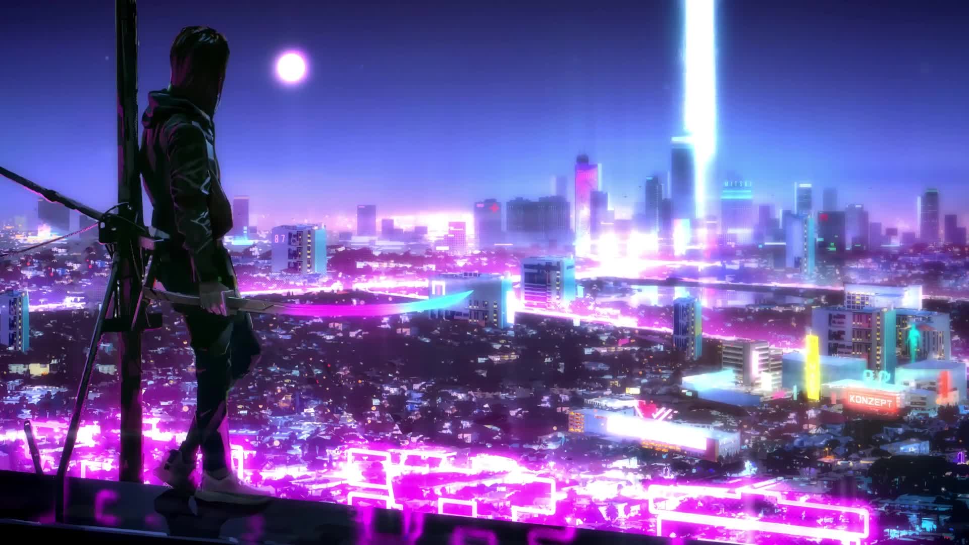 Neon Samurai with Katana Night City Cyberpunk Desktop Wallpaper