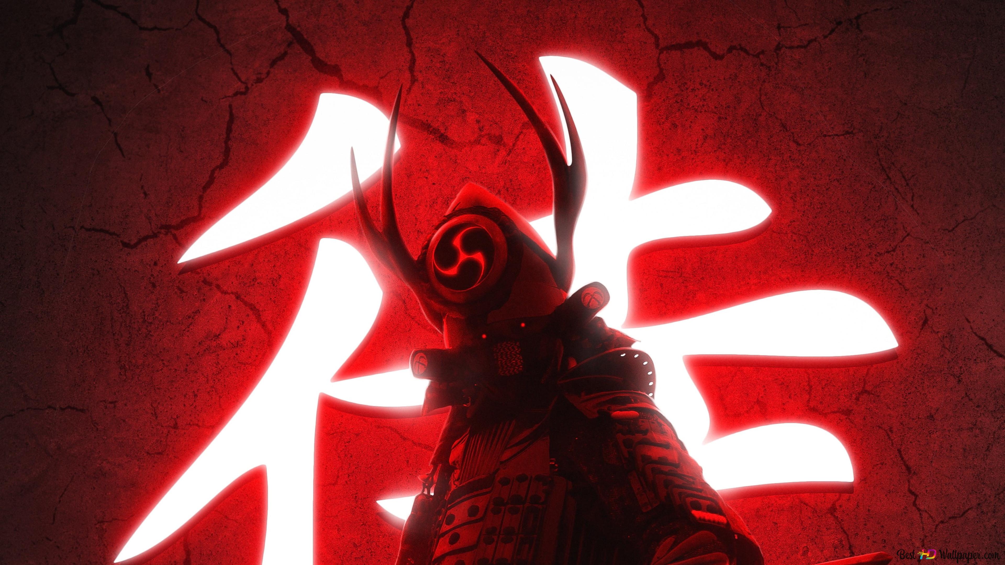 Samurai Armor behind red neon 4K wallpaper download