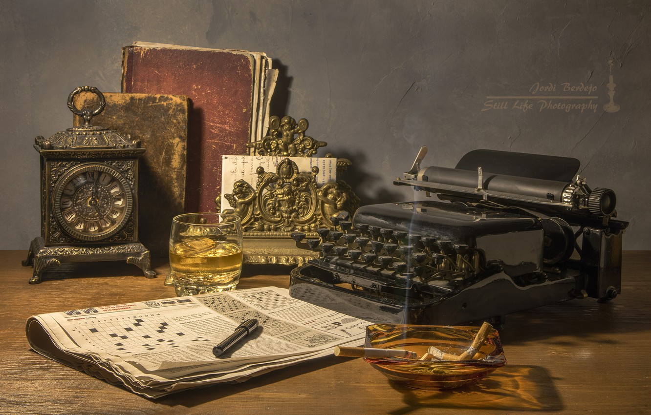 Wallpaper glass, watch, books, handle, newspaper, typewriter, butts, crossword image for desktop, section стиль