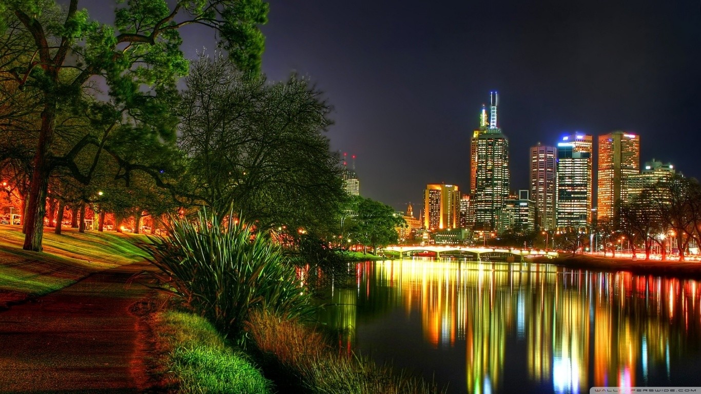 Wallpaper, lights, city, cityscape, night, reflection, skyline, skyscraper, evening, dusk, Australia, Melbourne, light, downtown, landmark, urban area, human settlement 1366x768