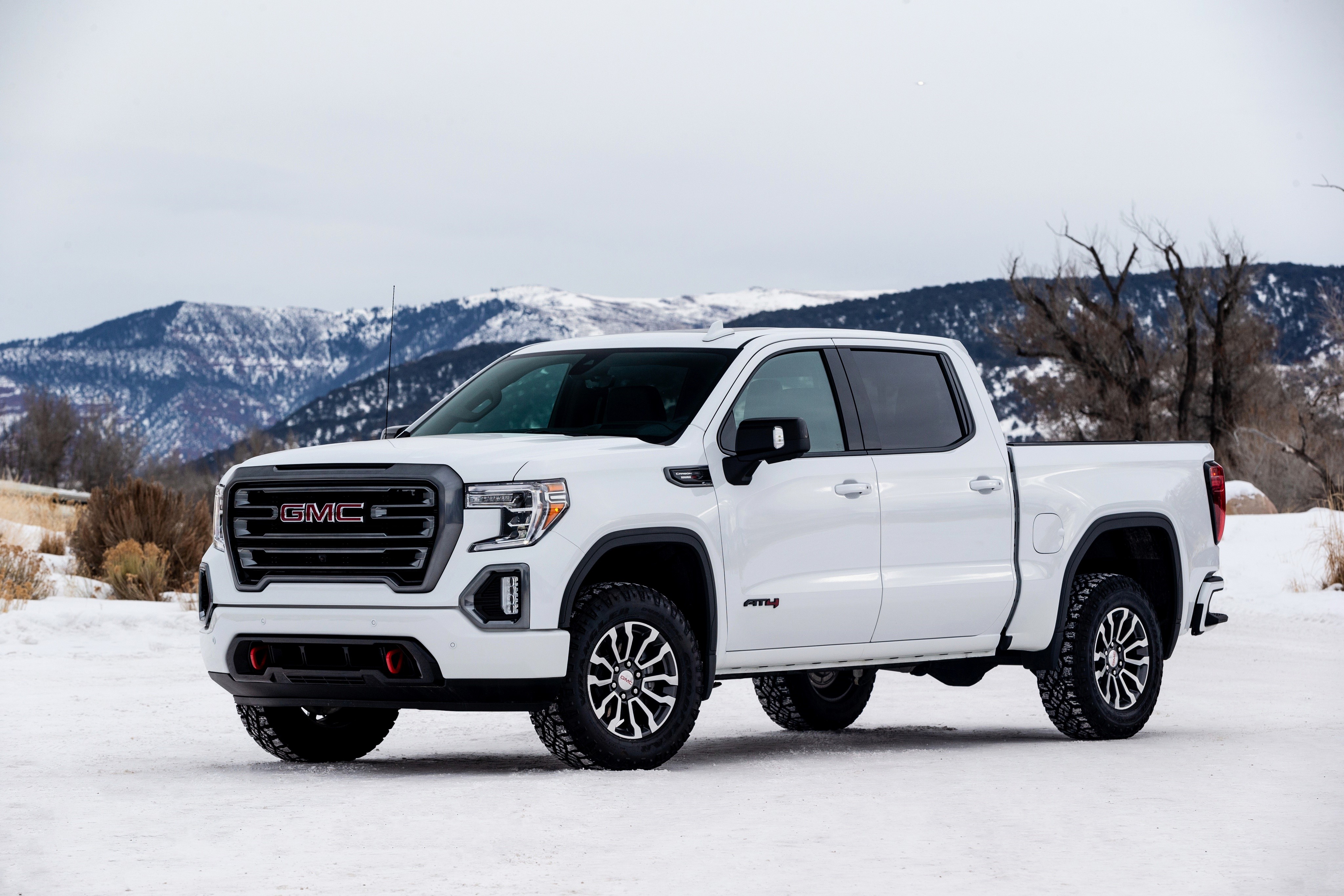 4K, Sierra, AT4, 2019, GMC, Snow, Pickup, White, Metallic Gallery HD Wallpaper
