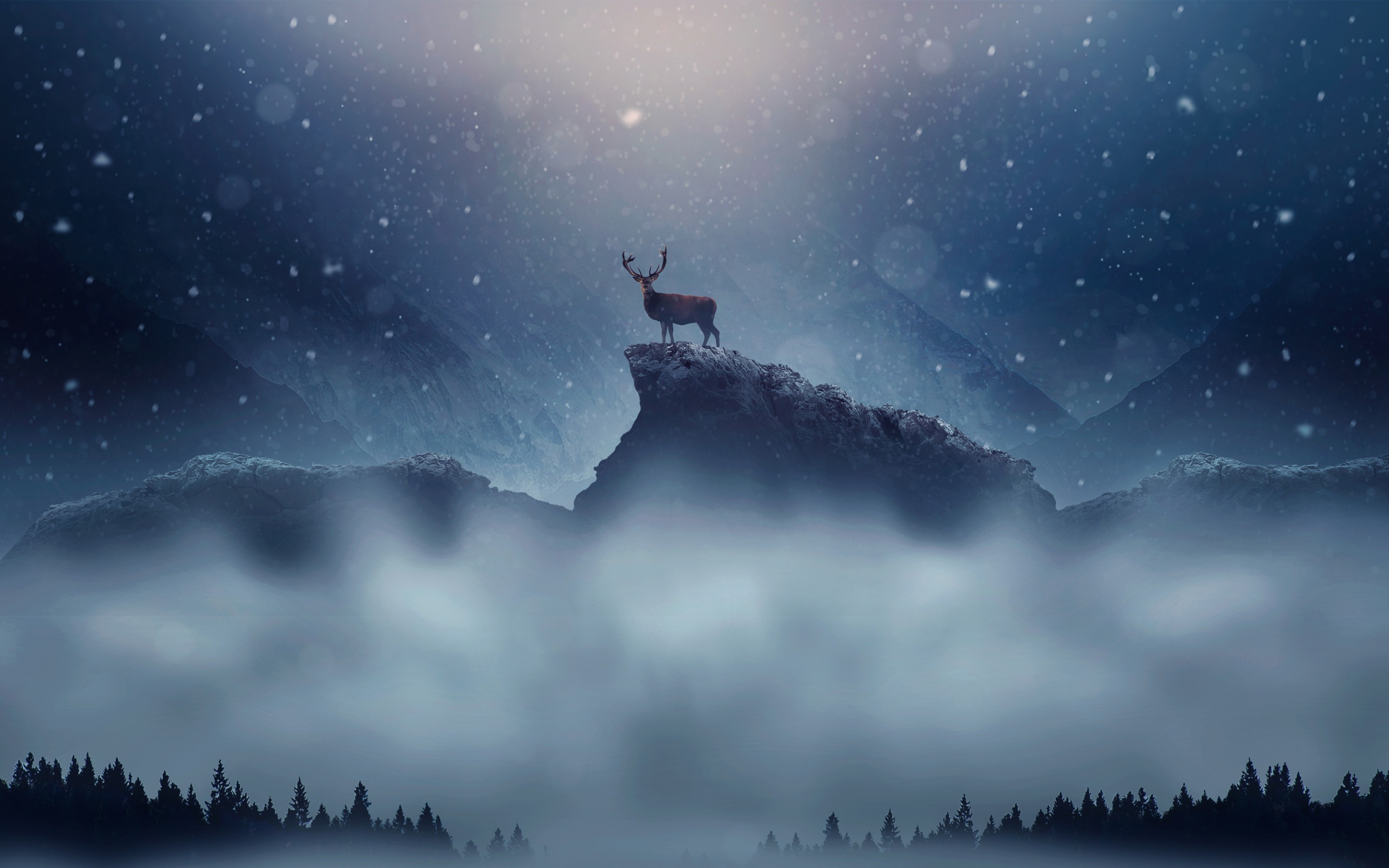 nature, landscape, winter, snow, deer, trees, rocks, mountains, mist, night Gallery HD Wallpaper