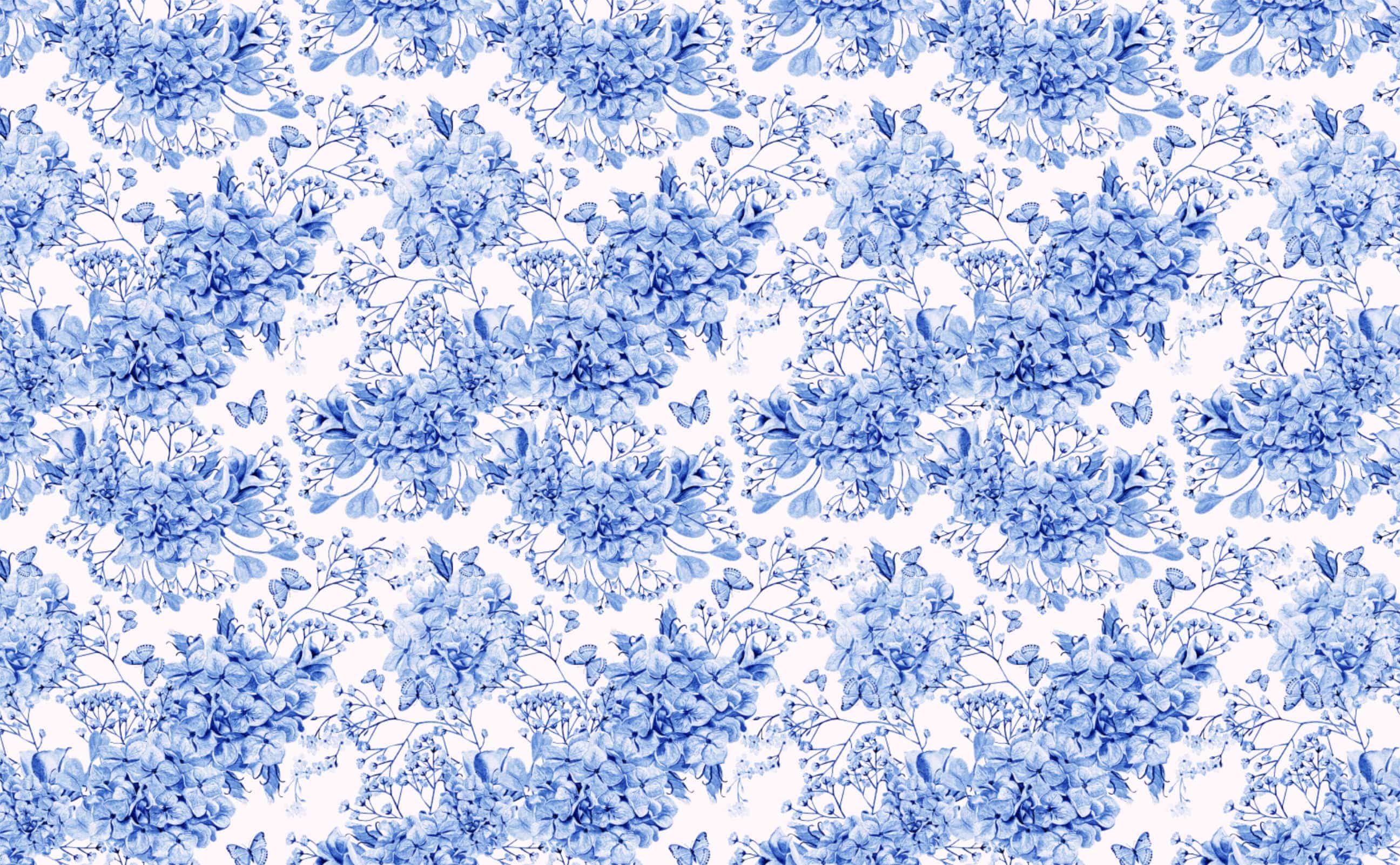 Blue Delftware style floral hydrangea butterfly Wallpaper for Walls