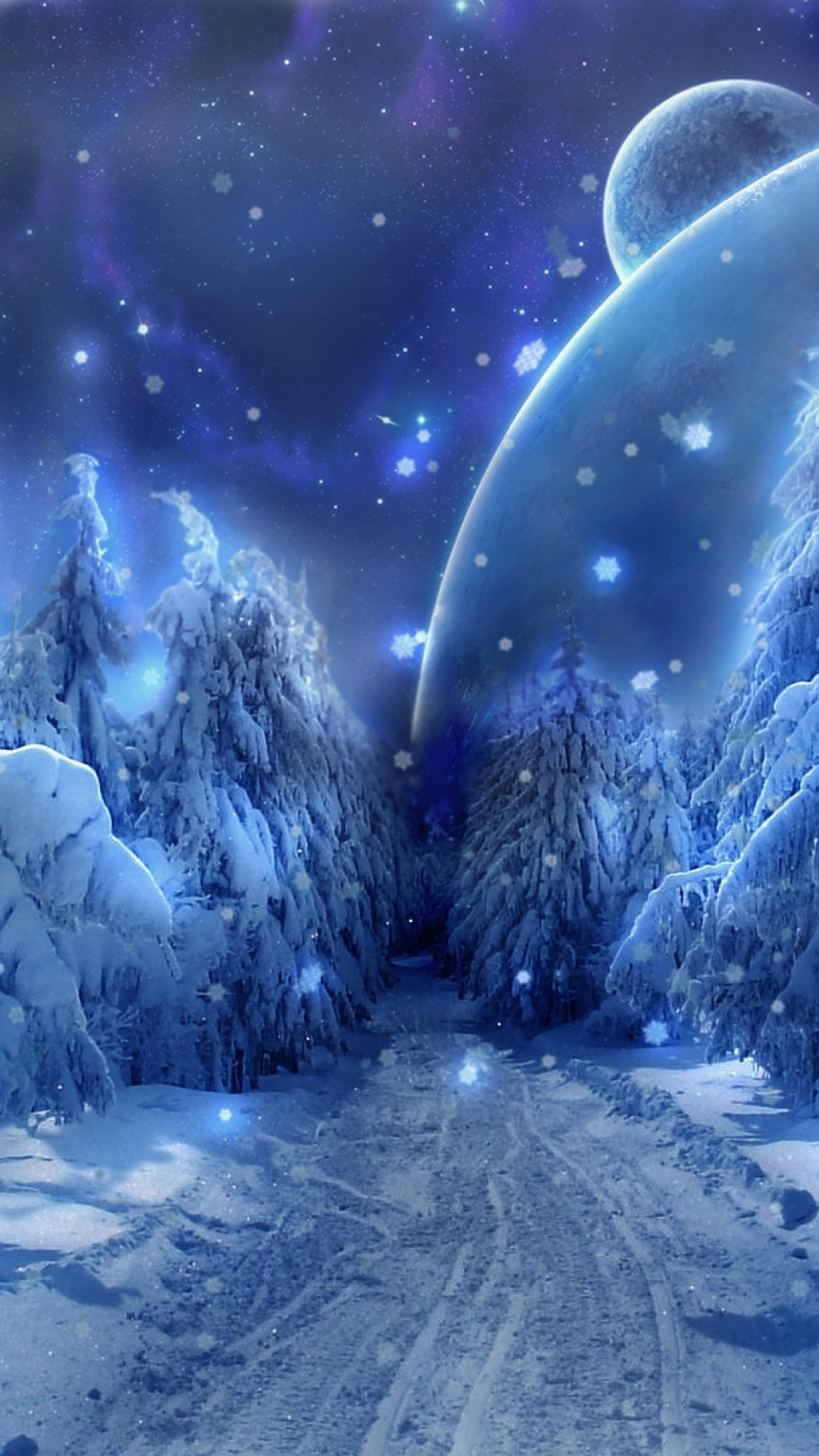 Download Winter, Snow, Fantasy, Art, Alien, Landscapes, Road Wallpaper in 1080x1920 Resolution