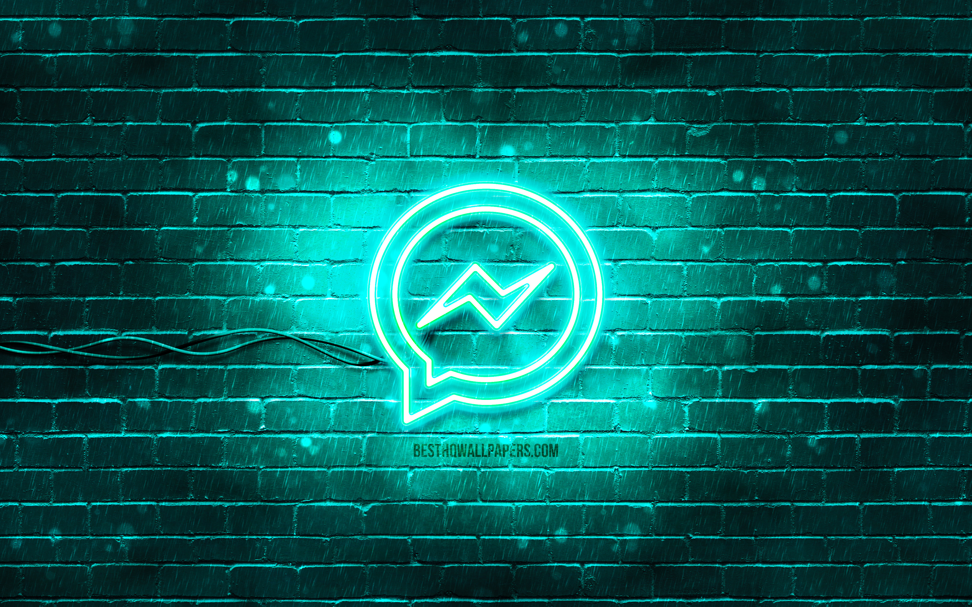 Download wallpaper Facebook Messenger turquoise logo, 4k, turquoise brickwall, Facebook Messenger logo, messengers, Facebook Messenger neon logo, Facebook Messenger for desktop with resolution 3840x2400. High Quality HD picture wallpaper